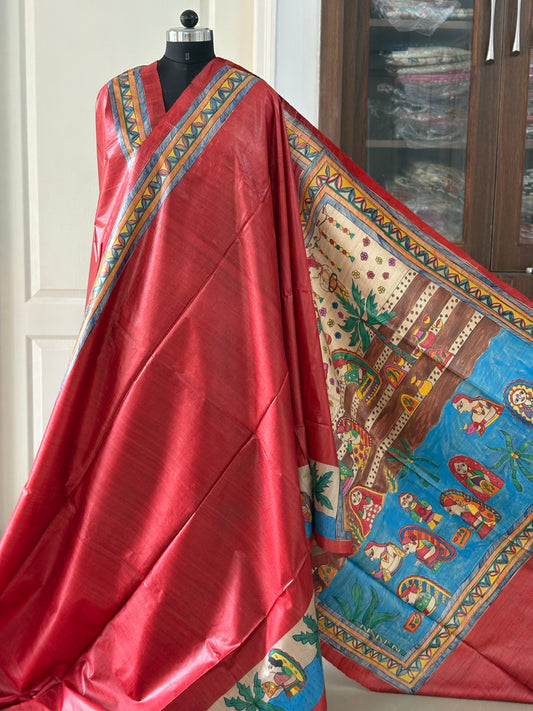 Pure Desi Tussar Silk Handcrafted Madhubani Saree (Silk Marked)