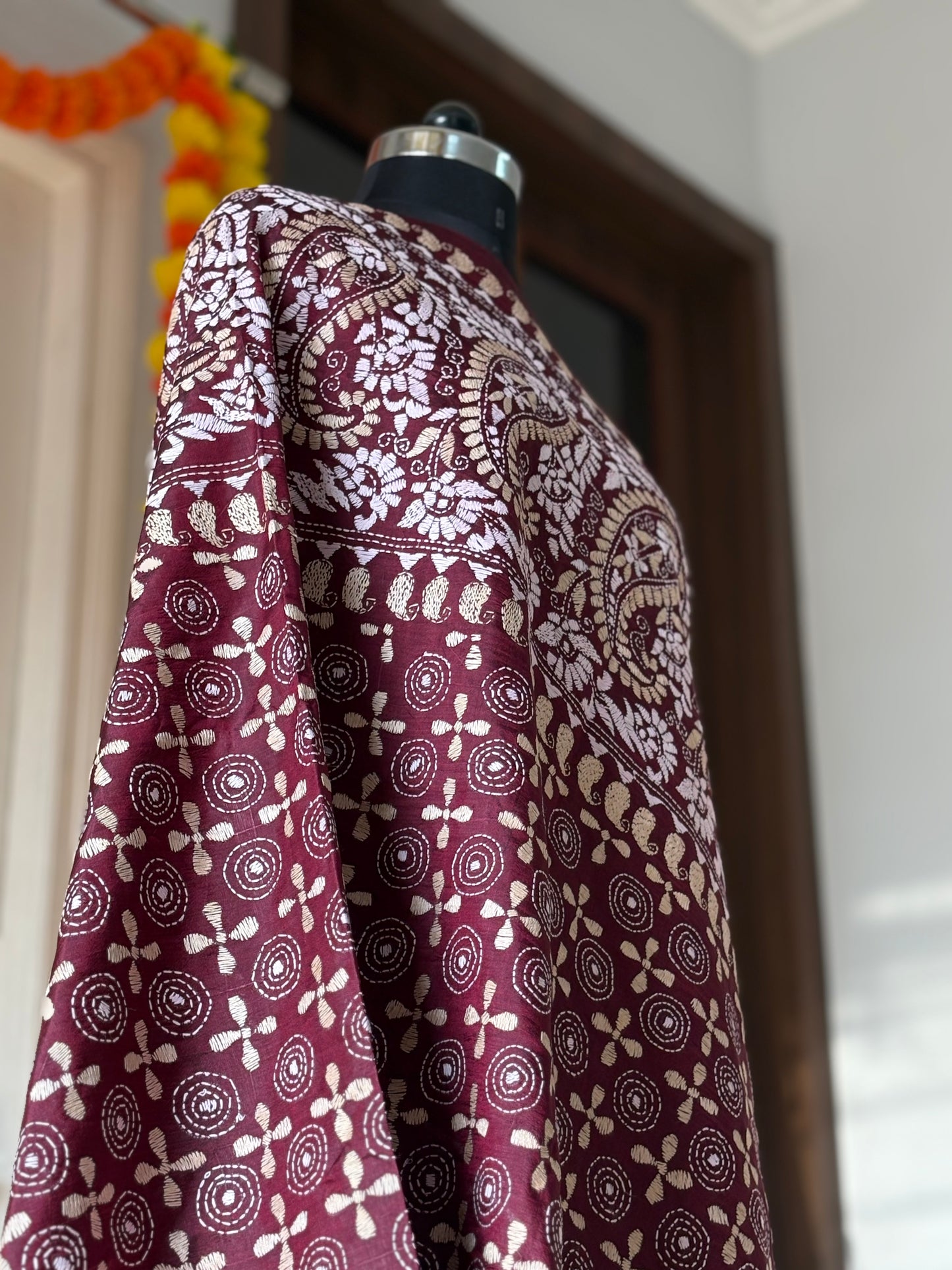 Kantha Hand Embroidary Full Work Pure Banglore Silk Dupatta. (With Silk Mark)