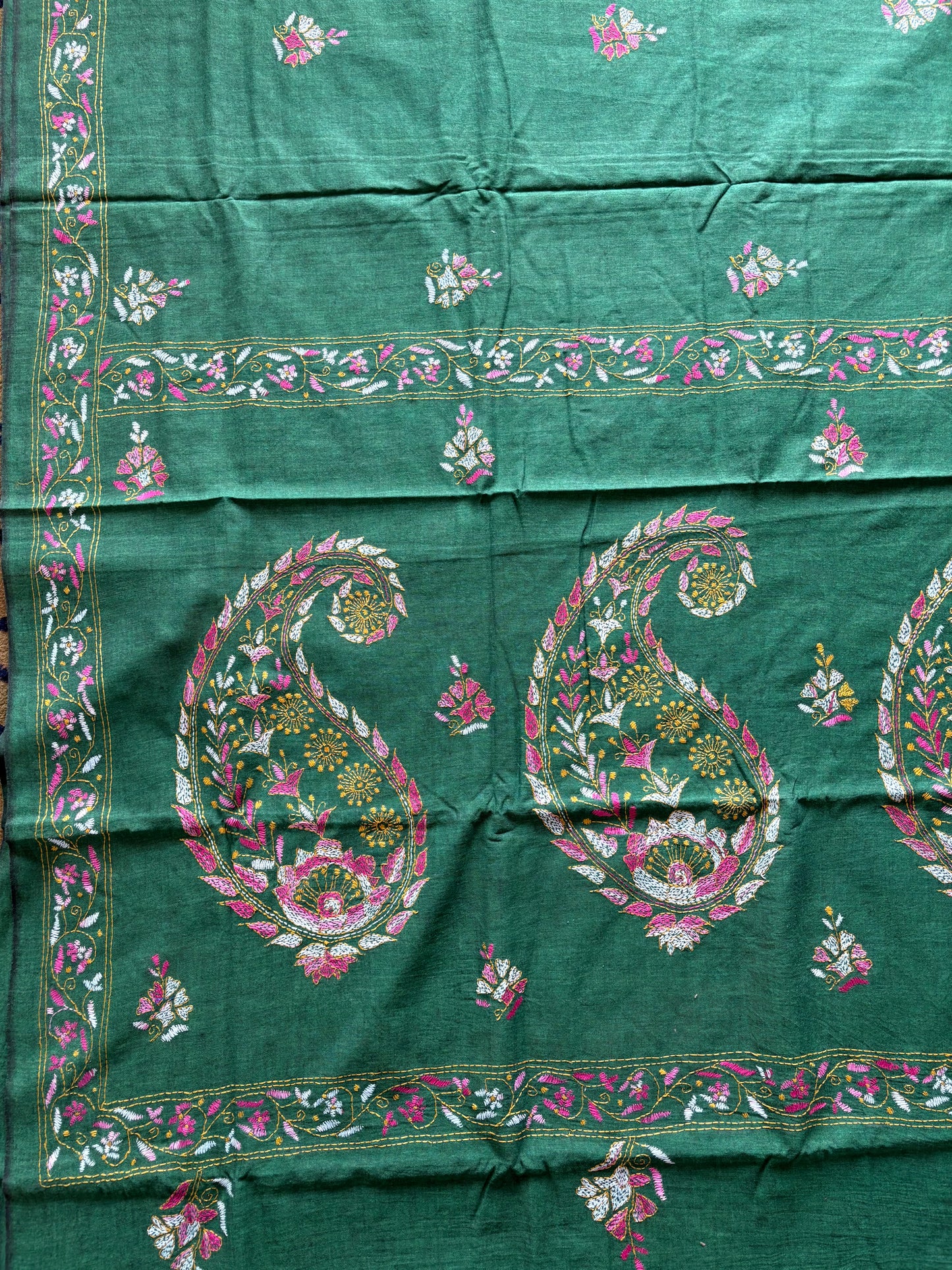Kantha stitch Khadi Cotton Saree - Green
