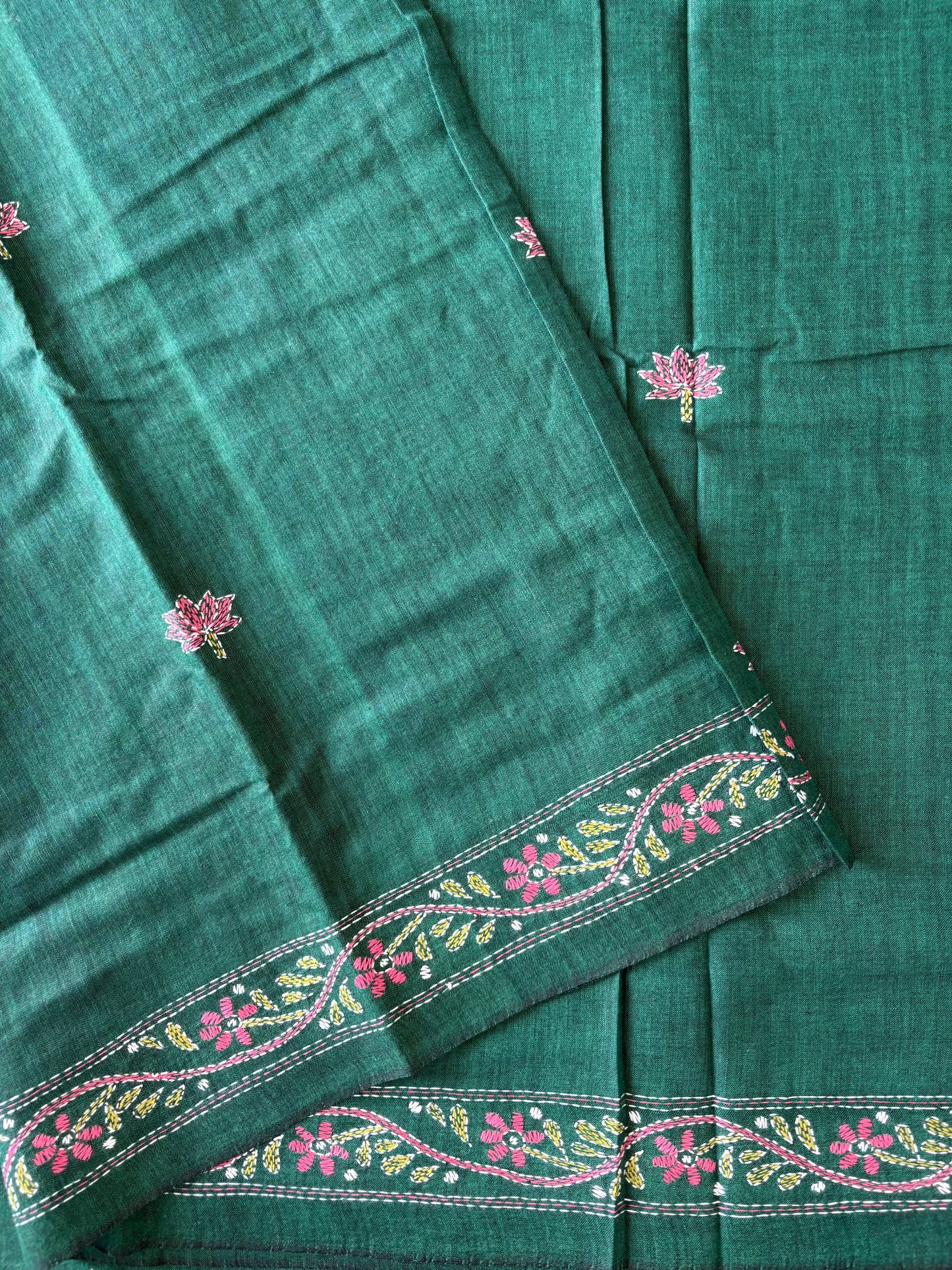 Kantha stitch Khadi Cotton Saree - Green