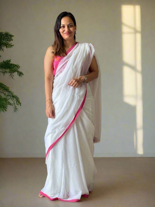 Plain Mul Cotton Saree- White Pink