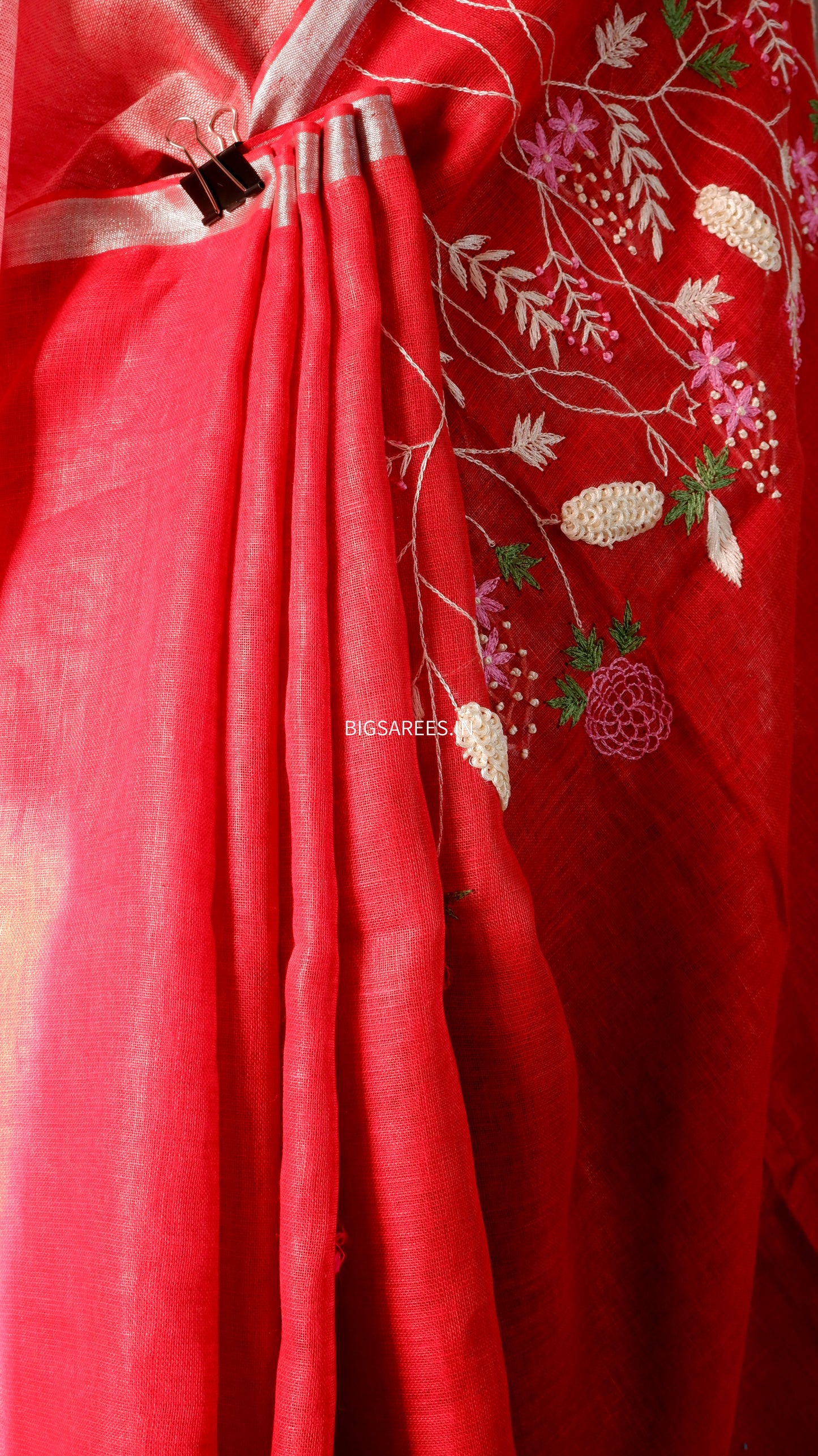 Pure Linen Saree With running Blouse - tomato Red