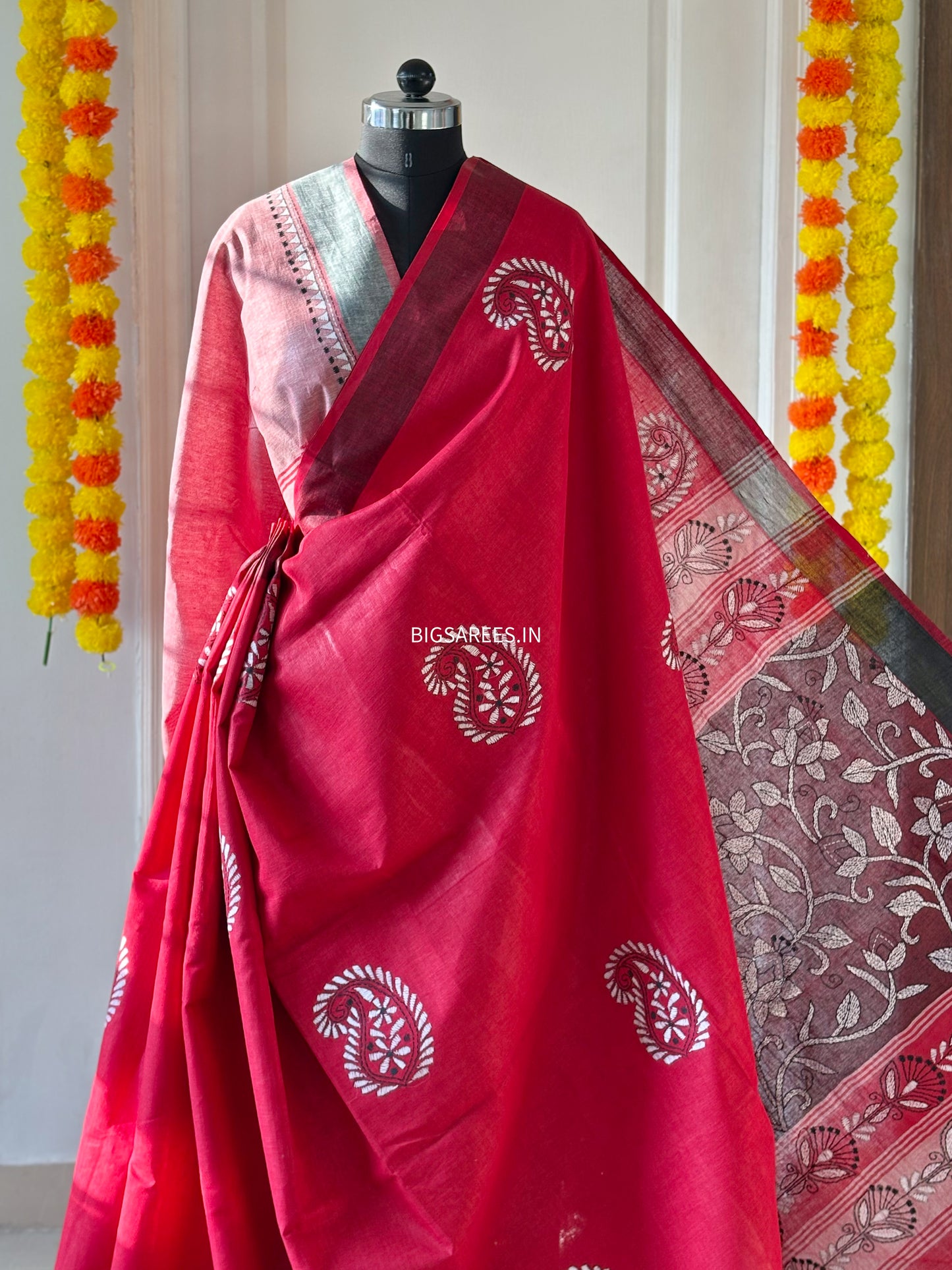 Red Kantha Hand Embroidered Pure Cotton Saree
