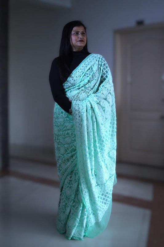 Mint green Georgette Chikankari Work Hand Embroidered Saree