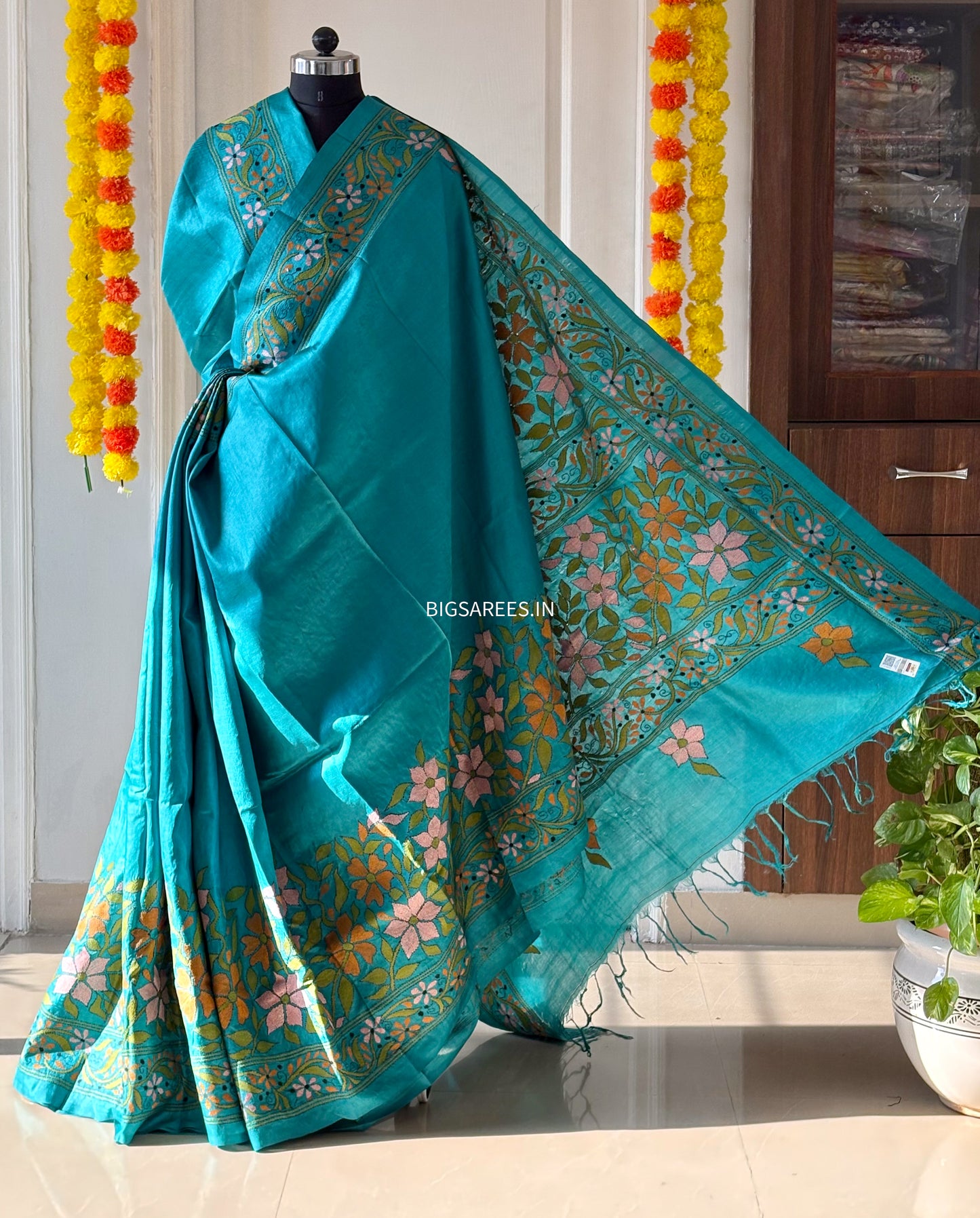 Kantha Hand Embroidered Saree With Blouse | Pure Gachi by Gachi Tussar Silk | Silk Mark Certified | Blue