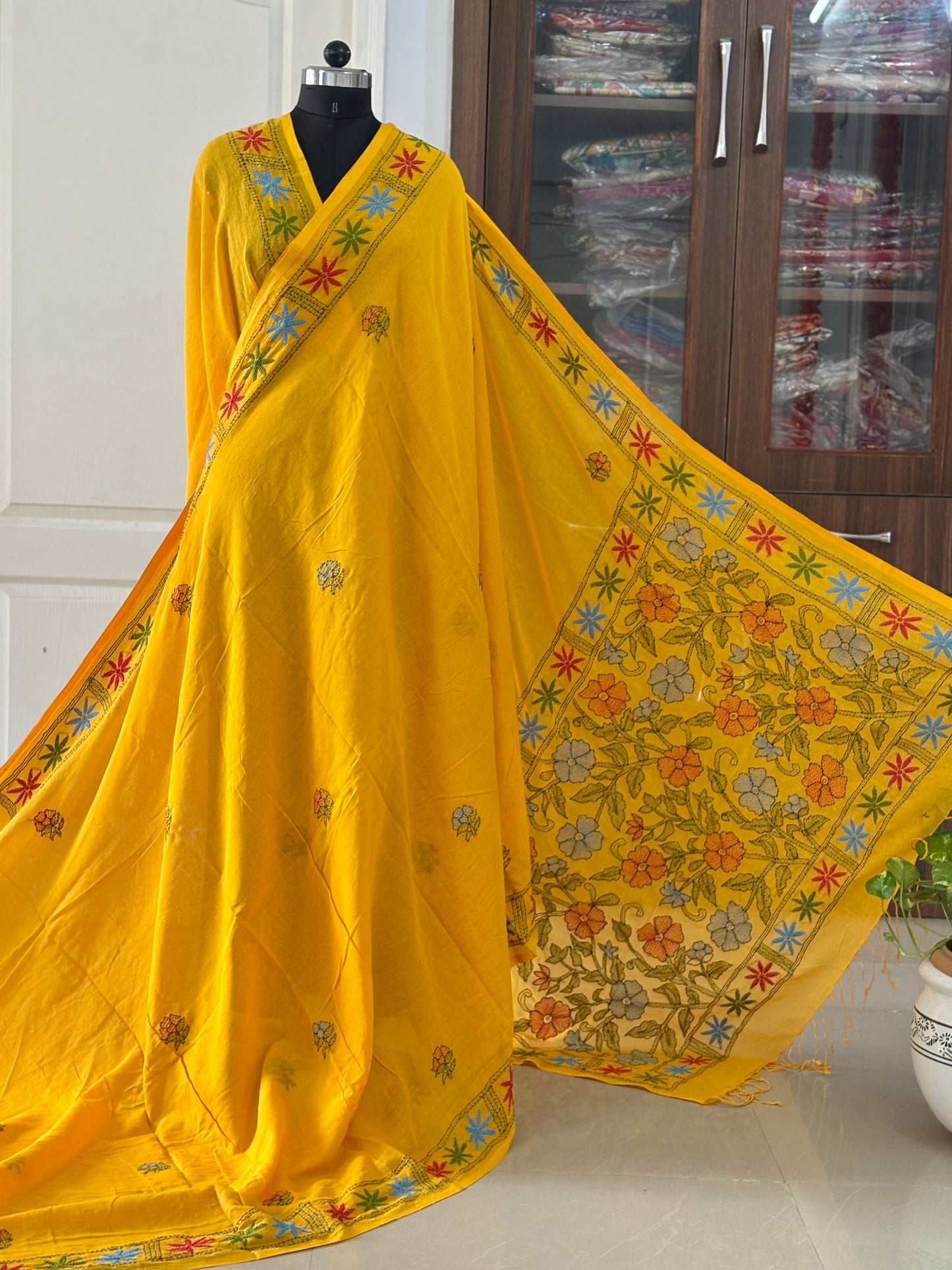 Kantha stitch Hand Embroidered Pure mul Cotton Saree