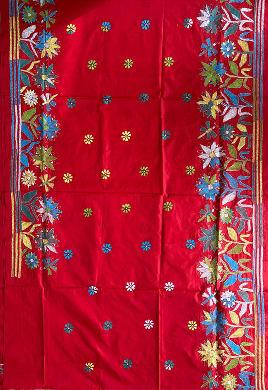 Kantha Hand Embroidered Blended Banglore Silk/Art Silk Saree With Blouse