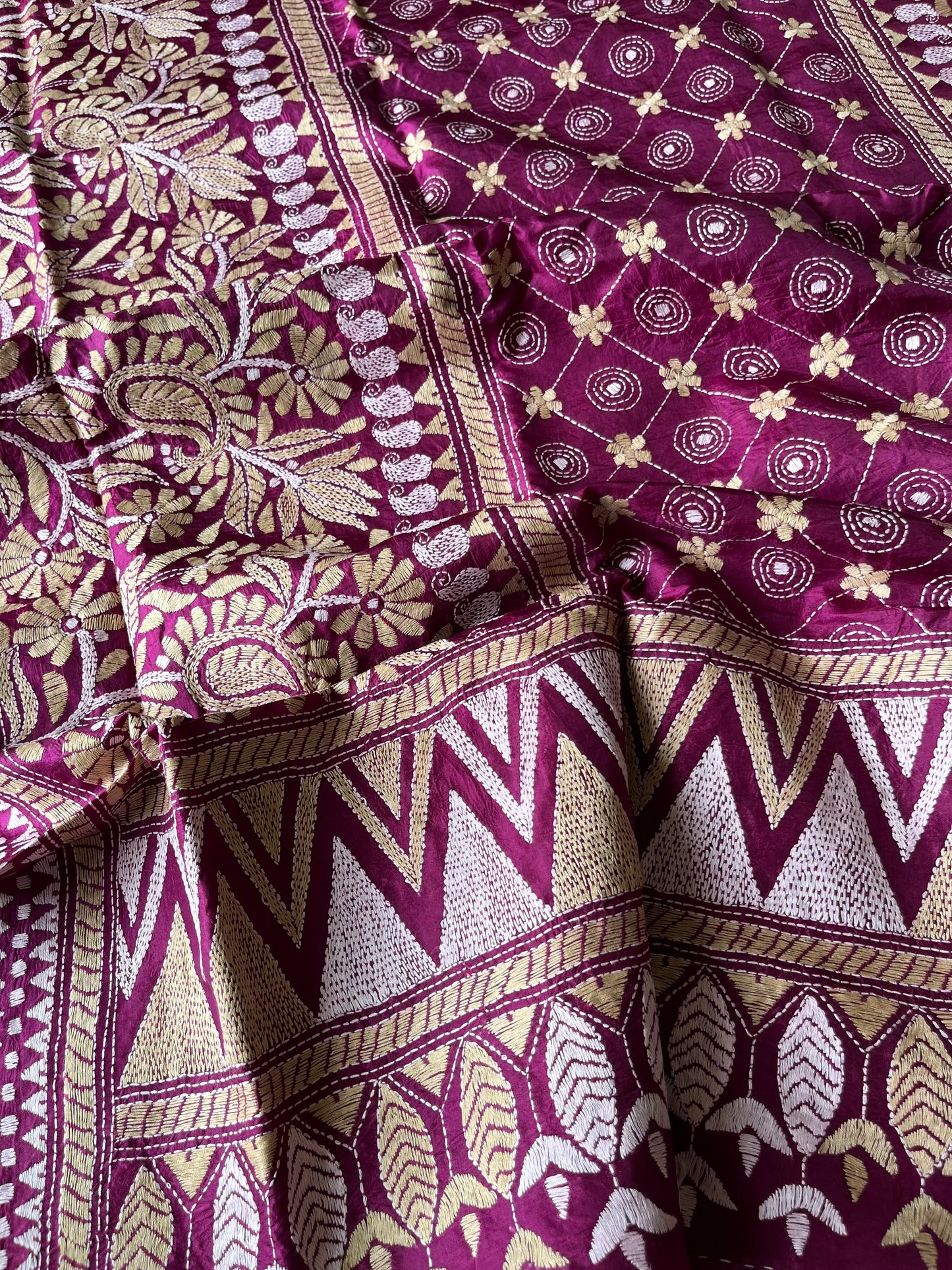 Kantha Stitch Hand Embroidary Full Work Pure Banglore Silk Dupatta.(With Silk Mark)