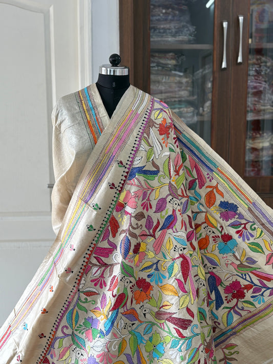 Kantha Stitch Hand Embroidered Pure Gachi Tussar Silk Saree (Silk Marked)
