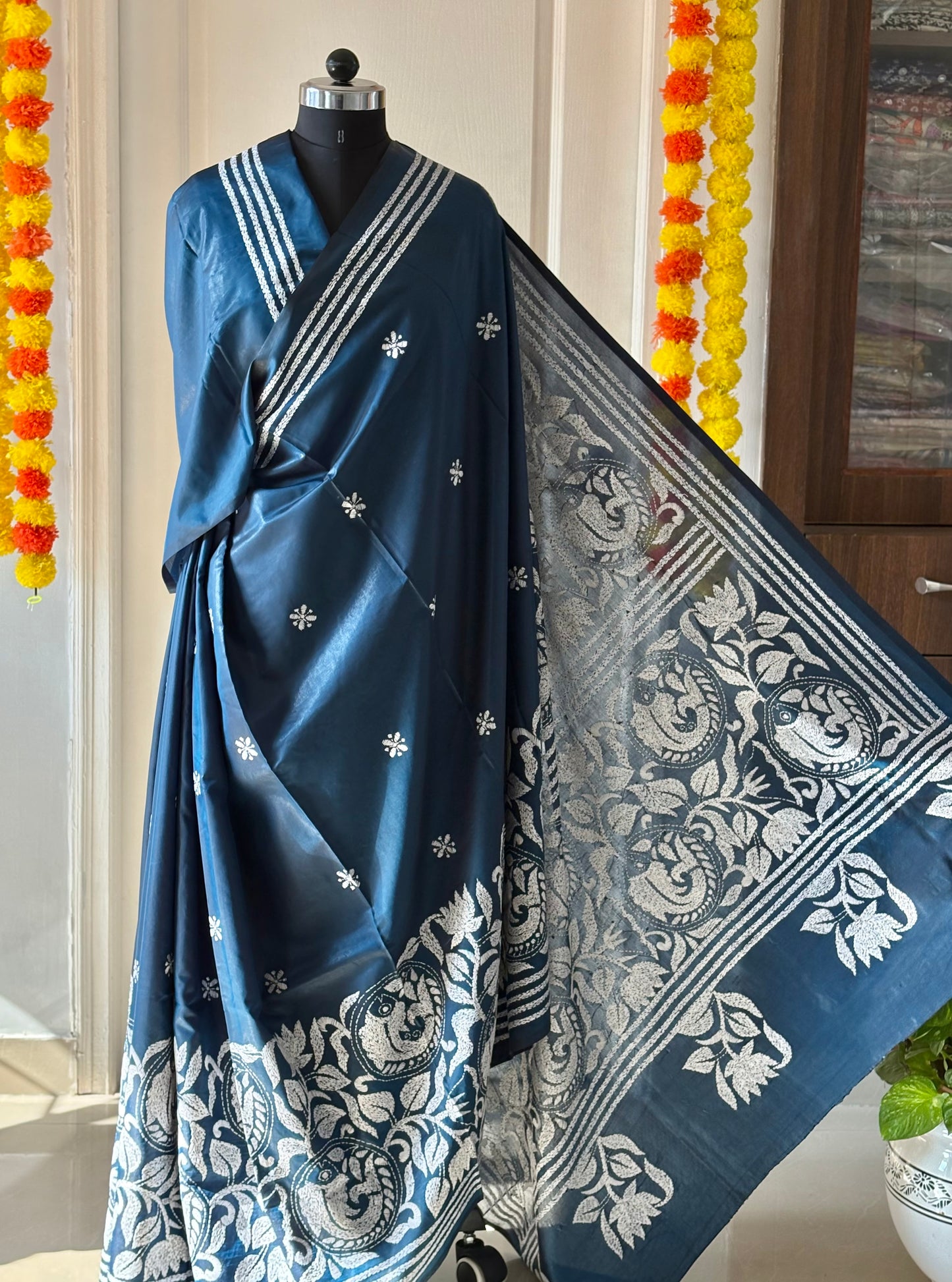 Kantha Hand Embroidered Blended Banglore Silk/Art Silk Saree With Blouse