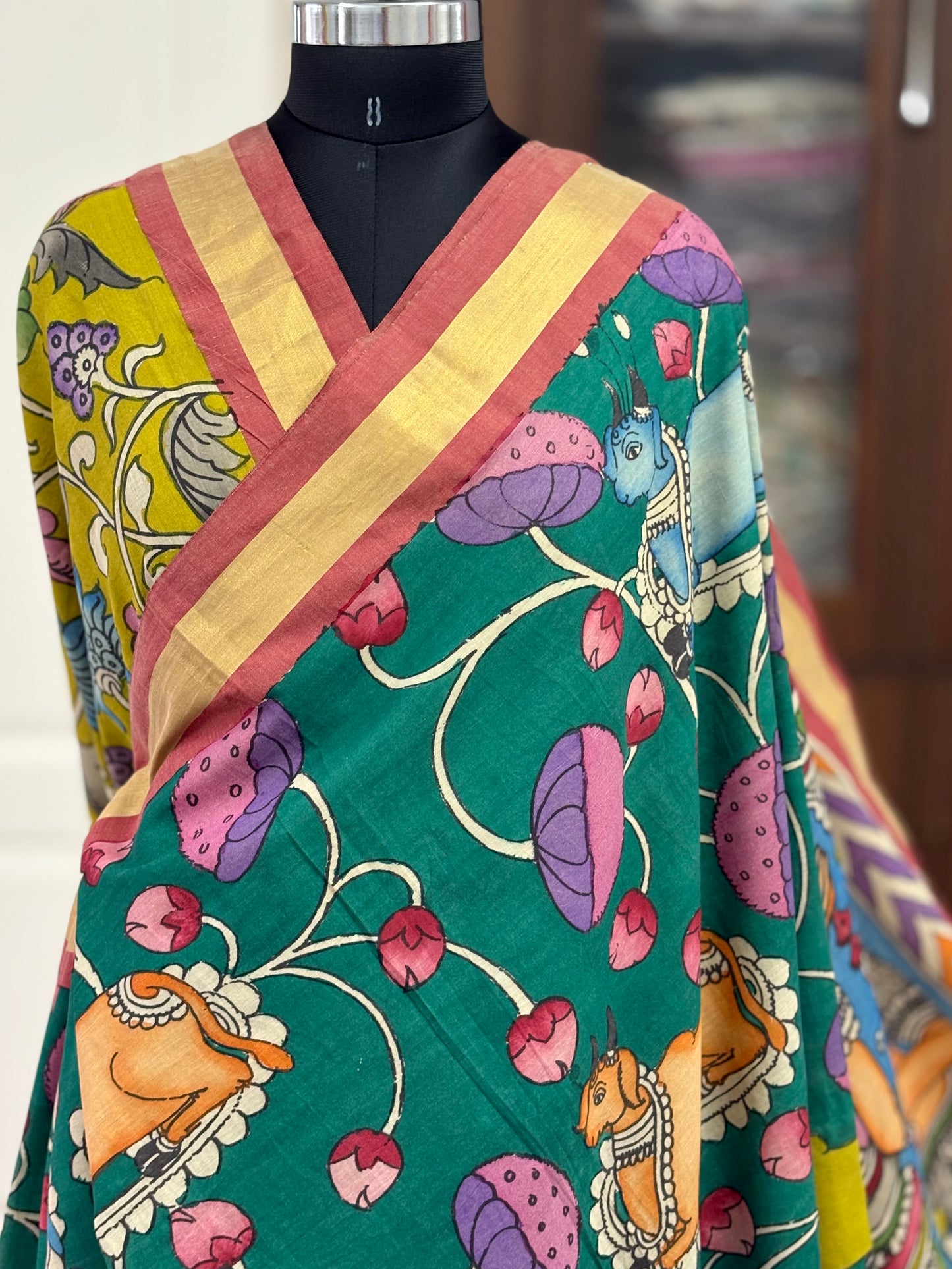 Pen Kalamkari hand painted pure cotton Saree with blouse