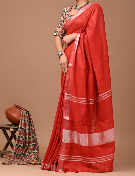 Cotton Linen Saree With running Blouse