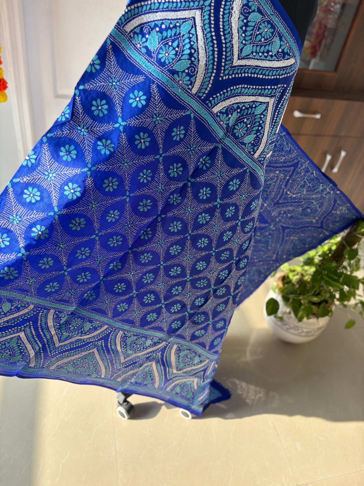 Kantha Hand Embroidary Full Work Pure Banglore Silk Dupatta. (With Silk Mark)