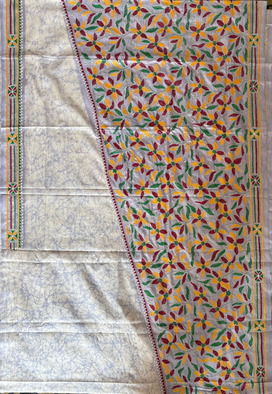 Kantha - Stitch Hand Embroidered Saree | Blended Bangalore Silk / Art Silk