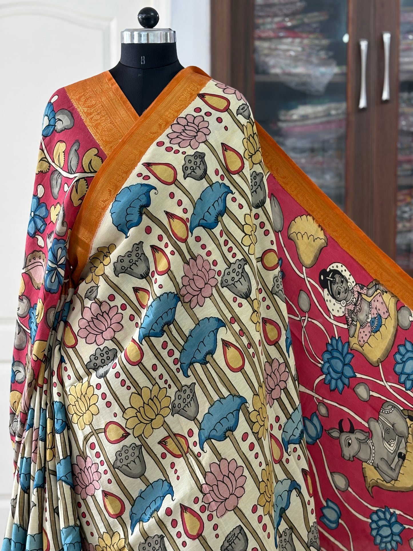 Pen Kalamkari hand painted Banglore Silk Saree with blouse