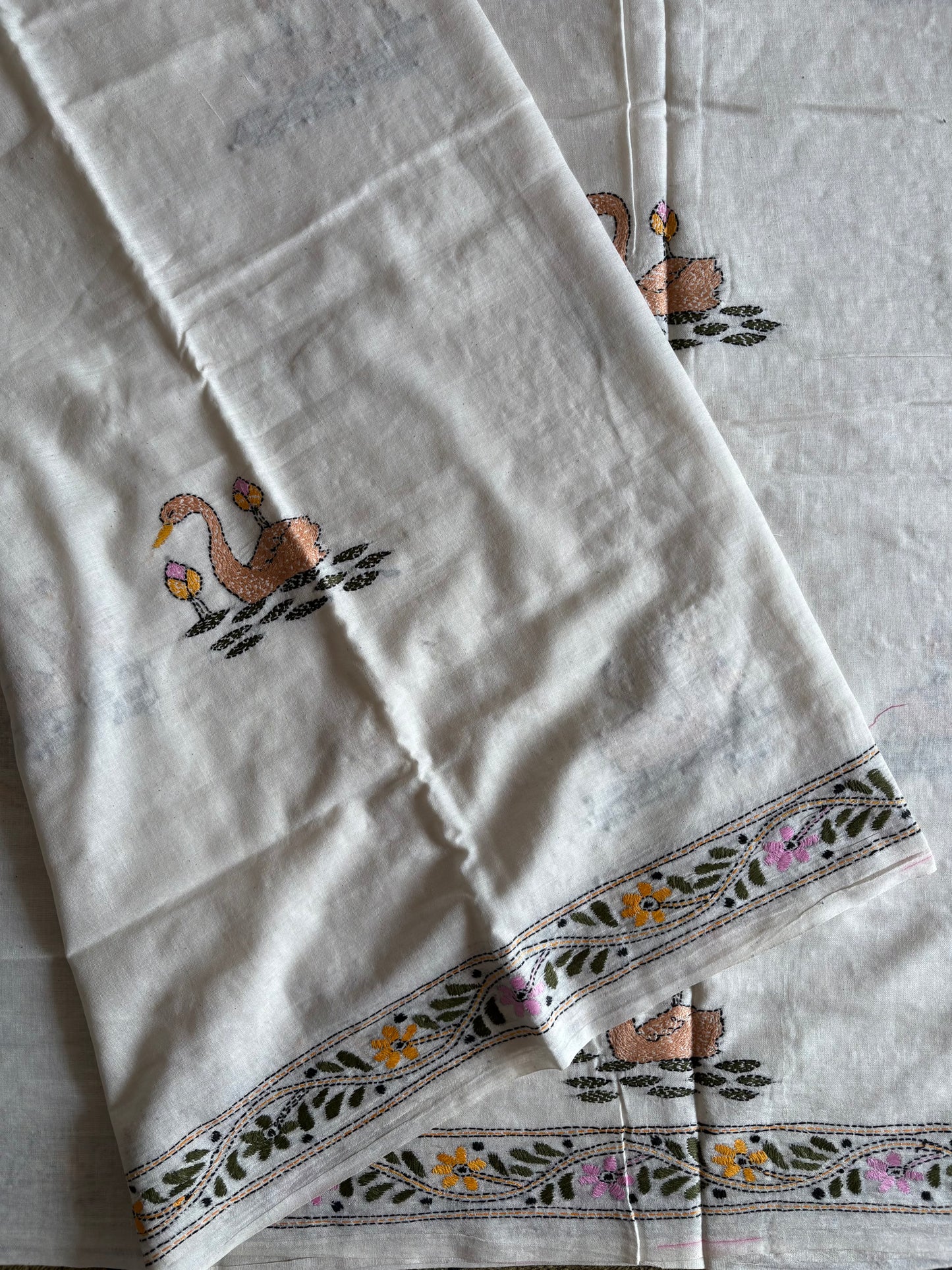 Kantha stitch Khadi Cotton Saree - Off white