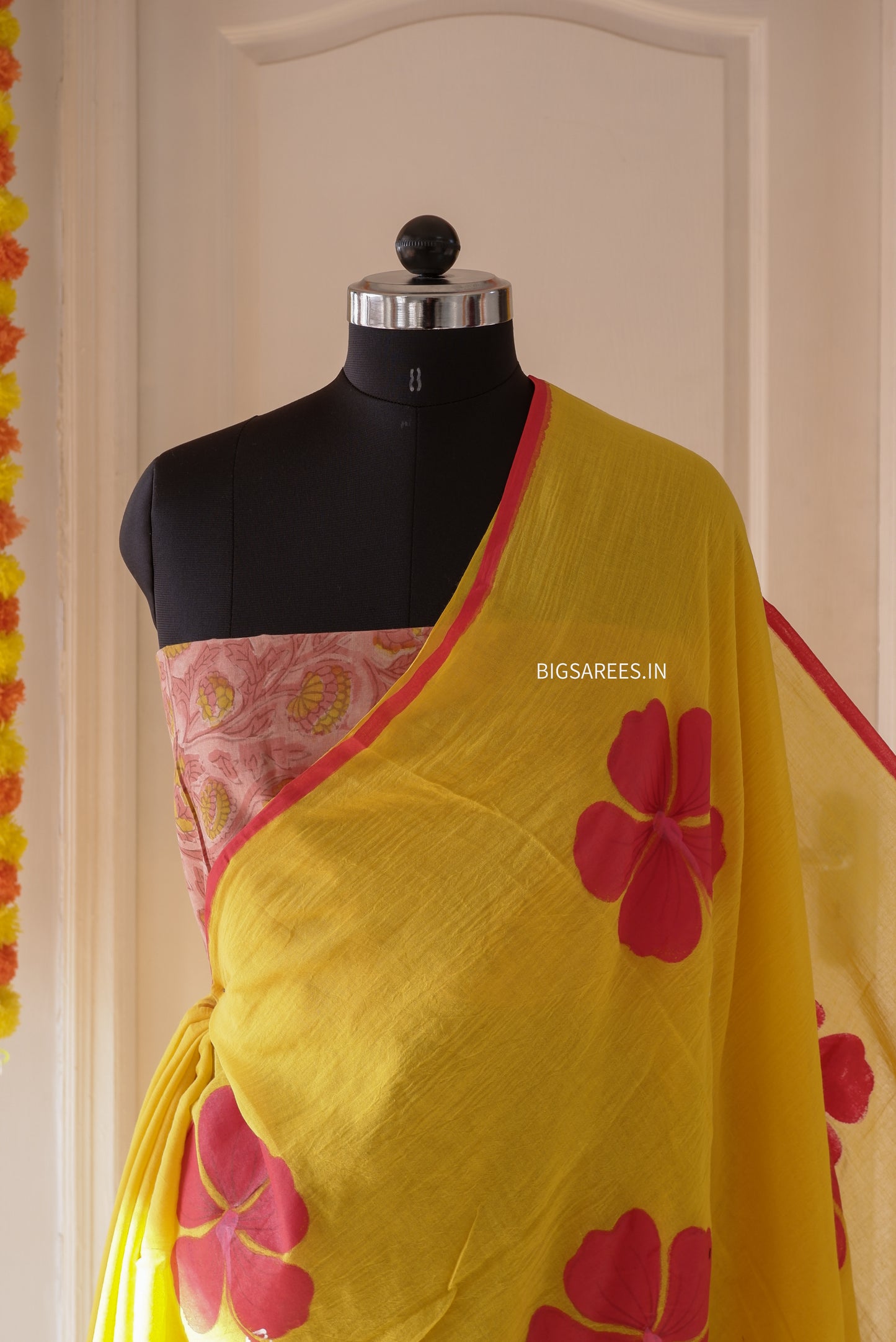 Hand Painted Mul Cotton Saree with Blouse | Yellow