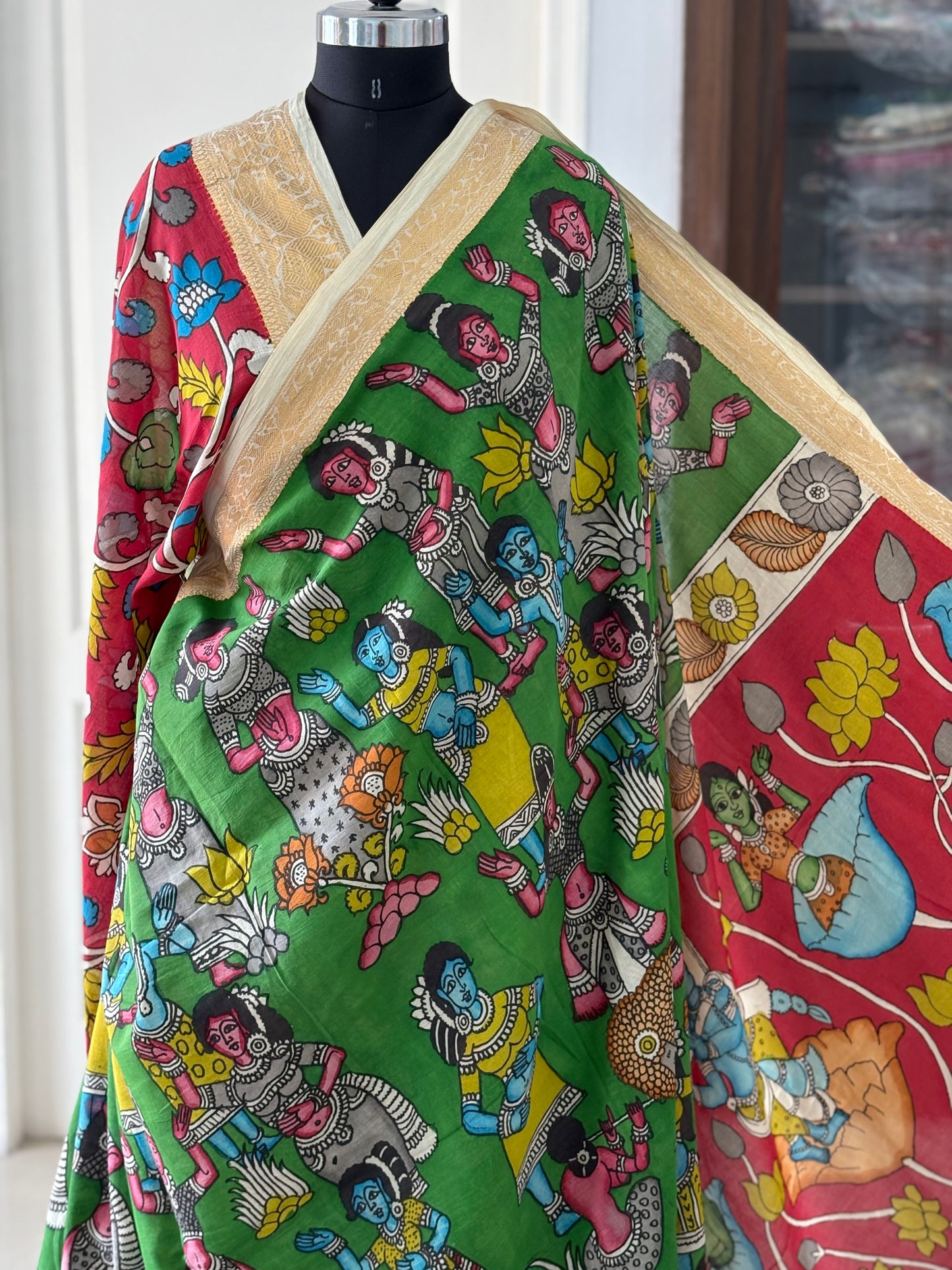 Pen Kalamkari hand painted pure cotton Saree with blouse