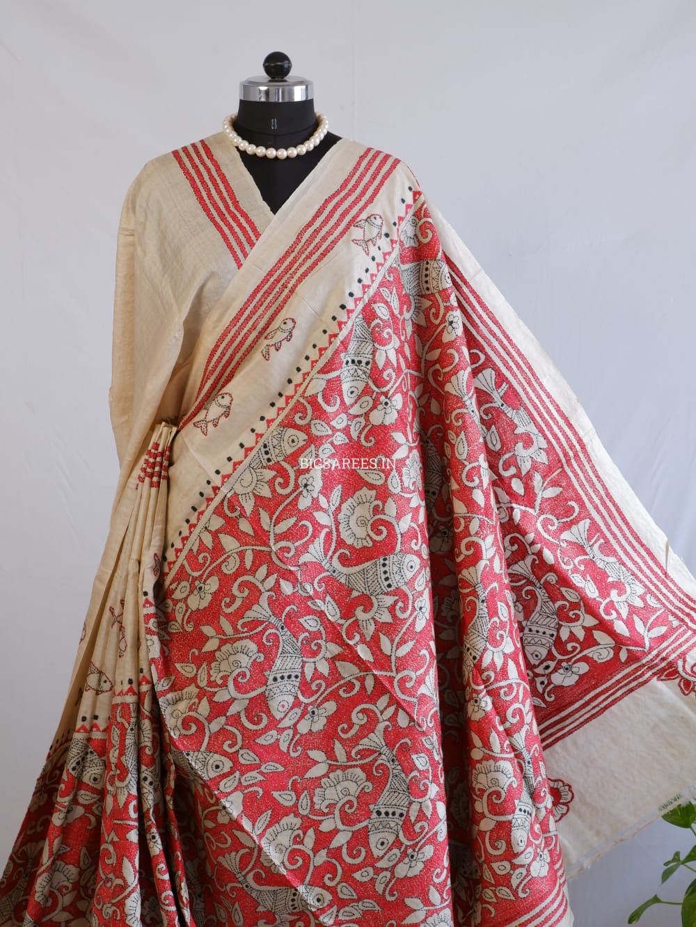 Kantha Stitch Hand Embroidered Saree | Pure Gachi Tussar Silk | Silk Mark Certified | Beige