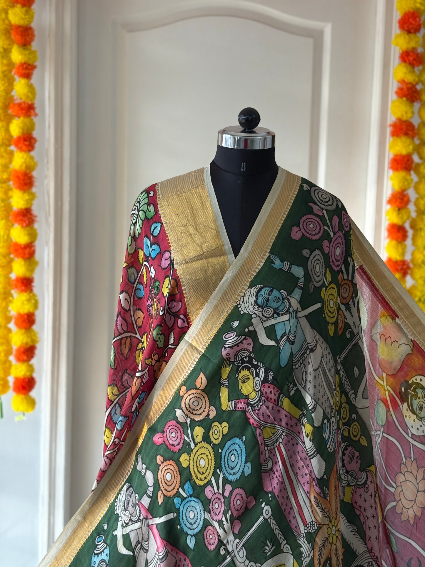 Pen Kalamkari hand painted Banglore Silk Saree with blouse