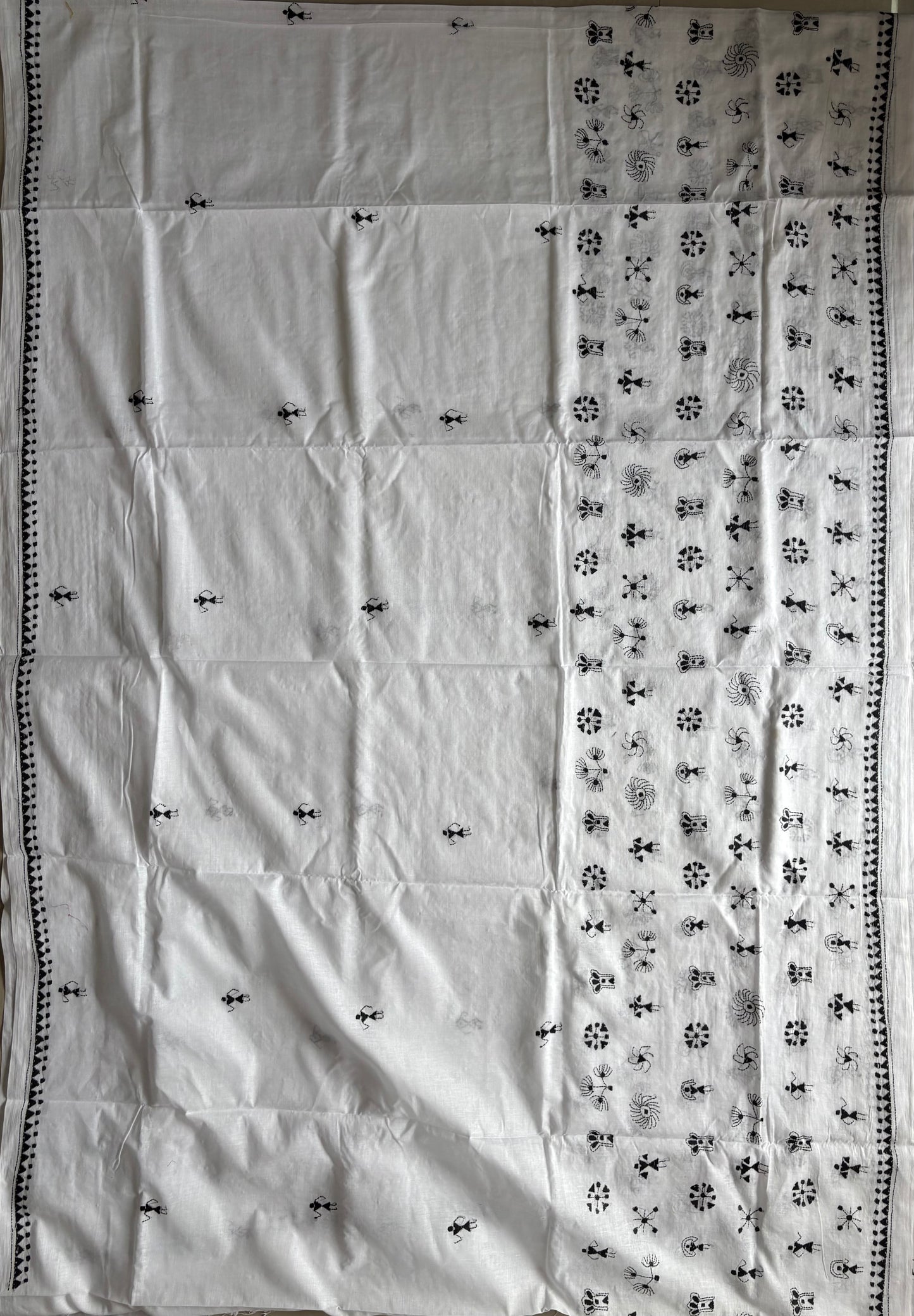 Kantha Hand Embroidered Pure Cotton Saree - white