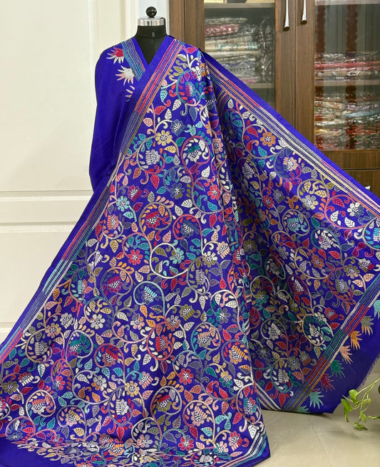 Kantha Hand Embroidered Pure Banglore Silk Saree (Silk Marked)