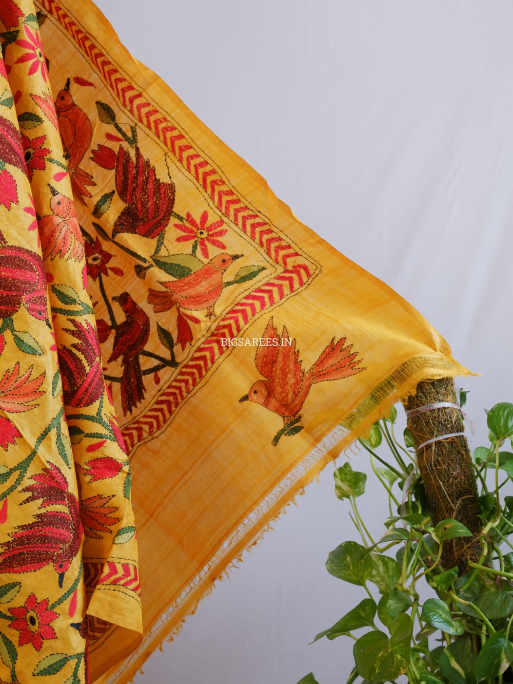 Kantha Stitch Hand Embroidered Saree | Pure Tussar Silk | Silk Mark Certified | Orange