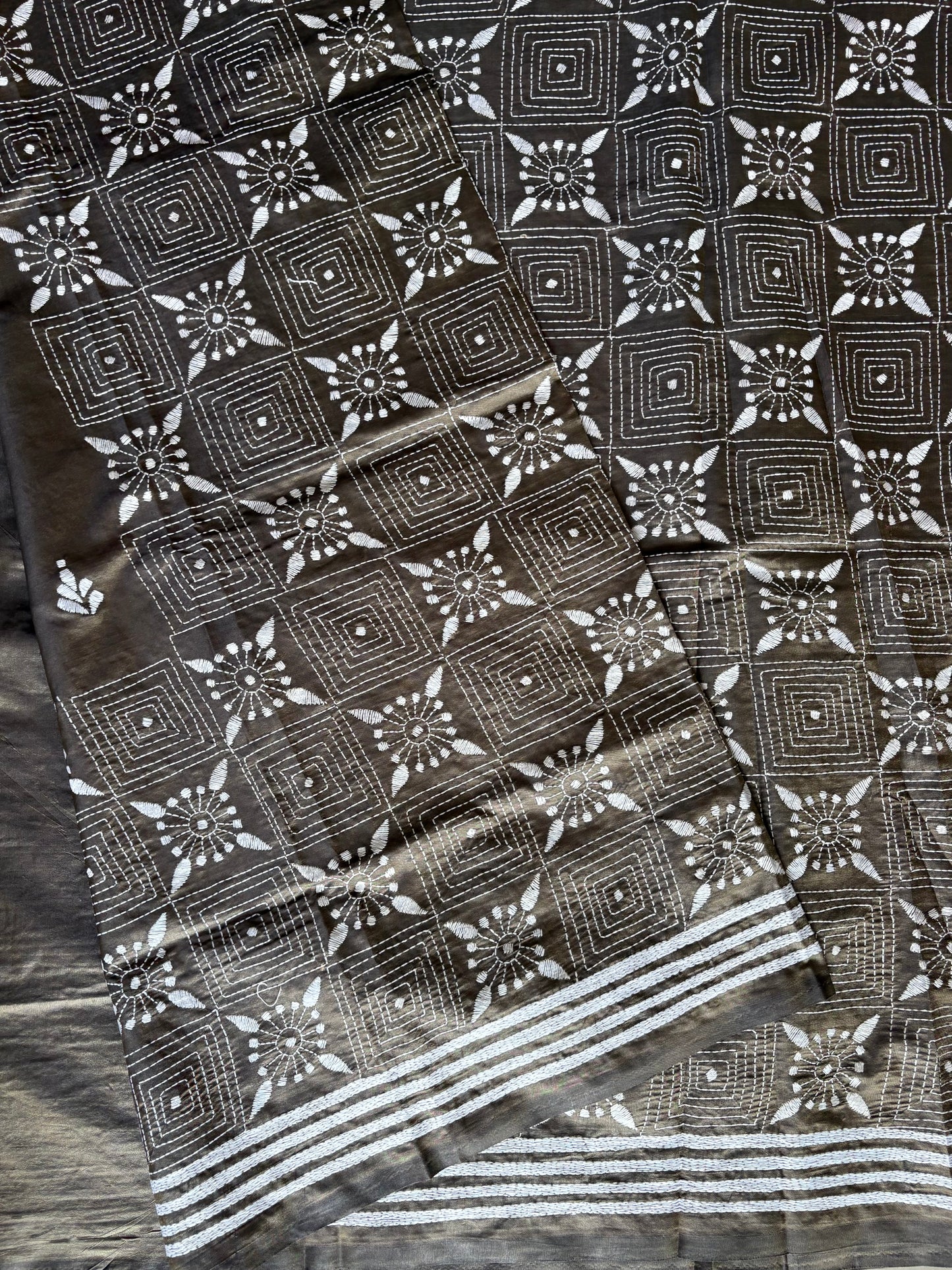 Hand embroidered Kantha stitch Saree in Art silk