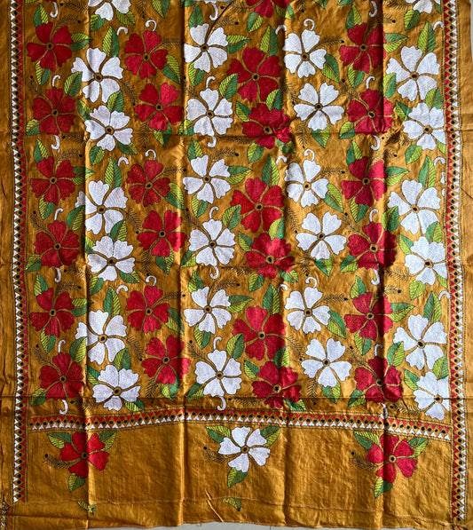 Beige Kantha Stitch Hand Embroidary Full Work Pure Banglore Silk Dupatta. (With Silk Mark)