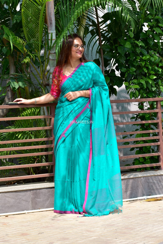 Hand woven Pure Cotton Saree (Handloom Marked) - Sea Green