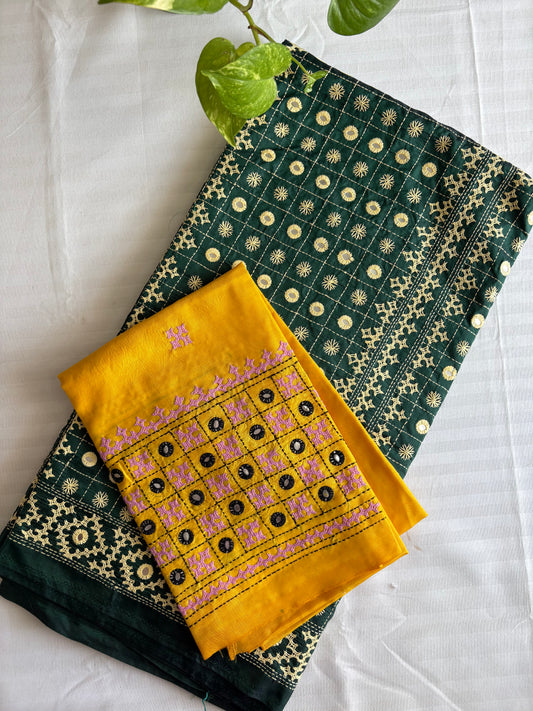 Gujrati Stitch/Kutch Hand Embroidered Art Silk Saree