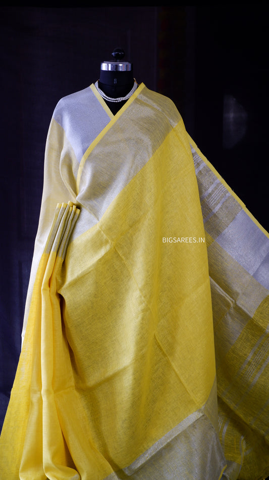 Yellow Silver pure Linen By Linen Saree With running Blouse