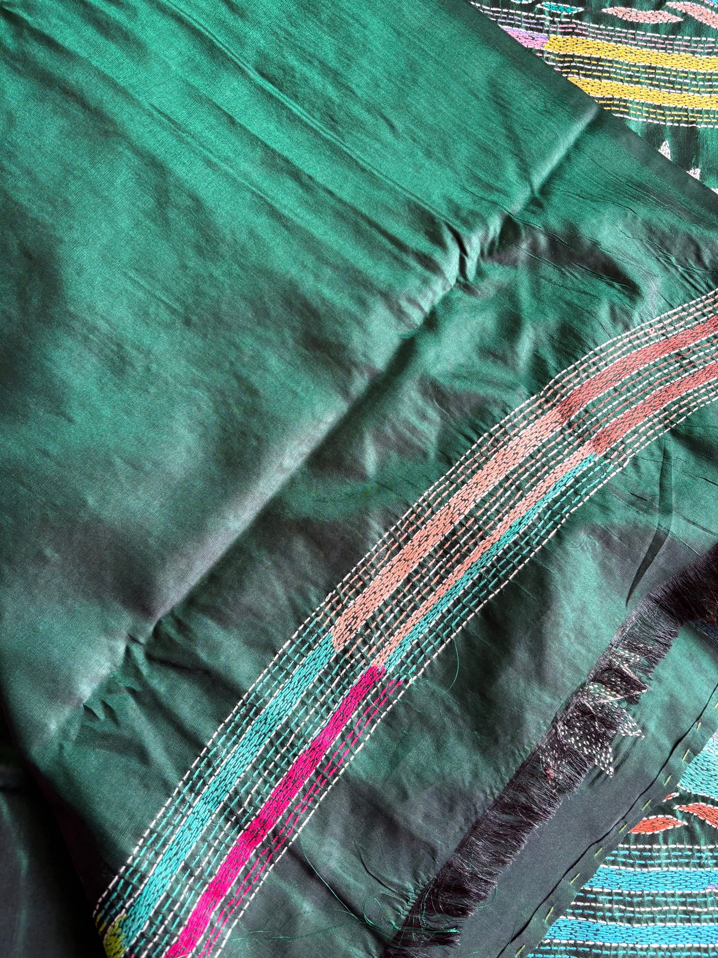 Bottle Green Kantha Stitch Hand Work Embroidered Art Silk Saree With Blouse