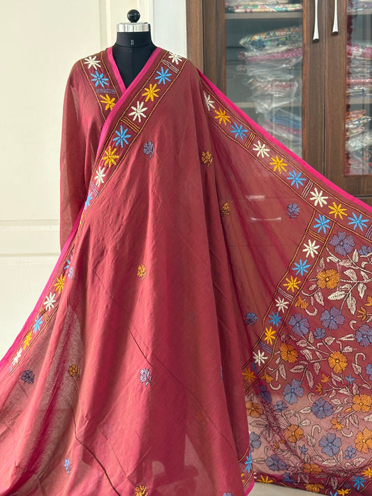 Kantha stitch Hand Embroidered Pure mul Cotton Saree