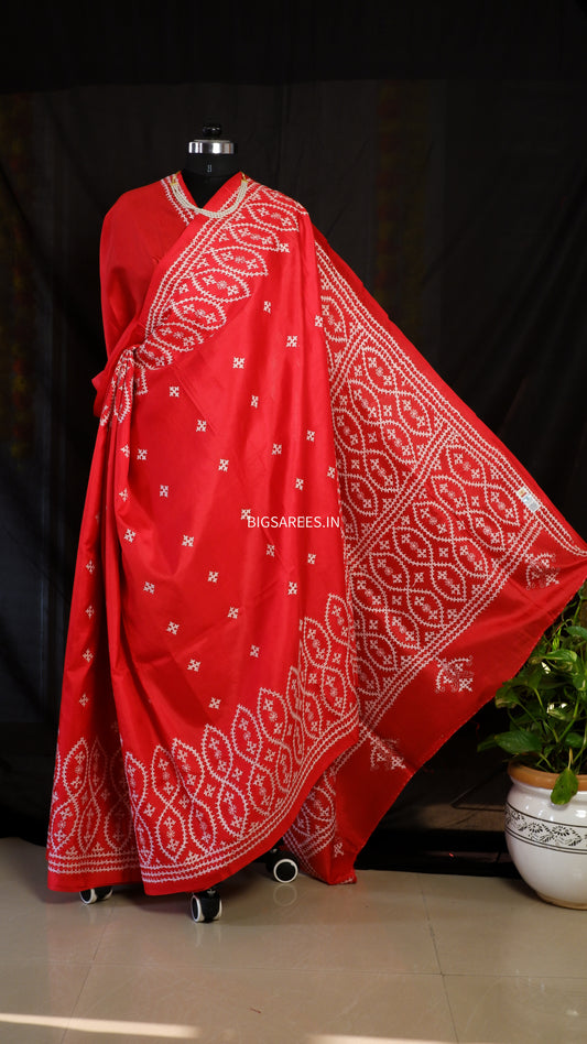 Gujrati/Kutchi Work Hand Embroidered Pure Banglore Silk Saree-red