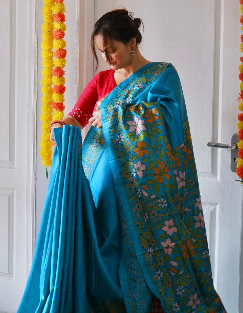Kantha Hand Embroidered Saree With Blouse | Pure Gachi by Gachi Tussar Silk | Silk Mark Certified | Blue