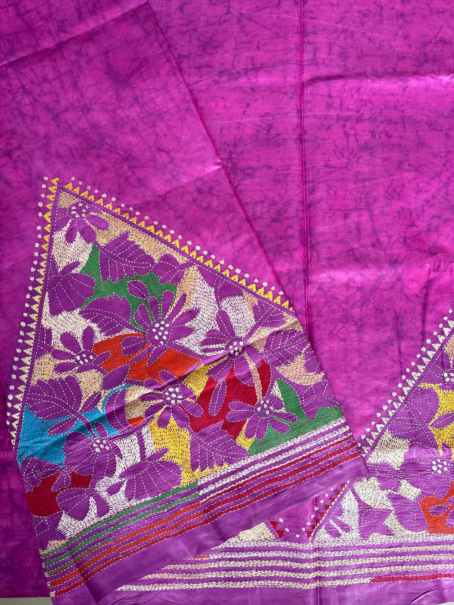 Reverse Kantha Hand Embroidered Blended Banglore Silk/Art Silk Saree With Blouse