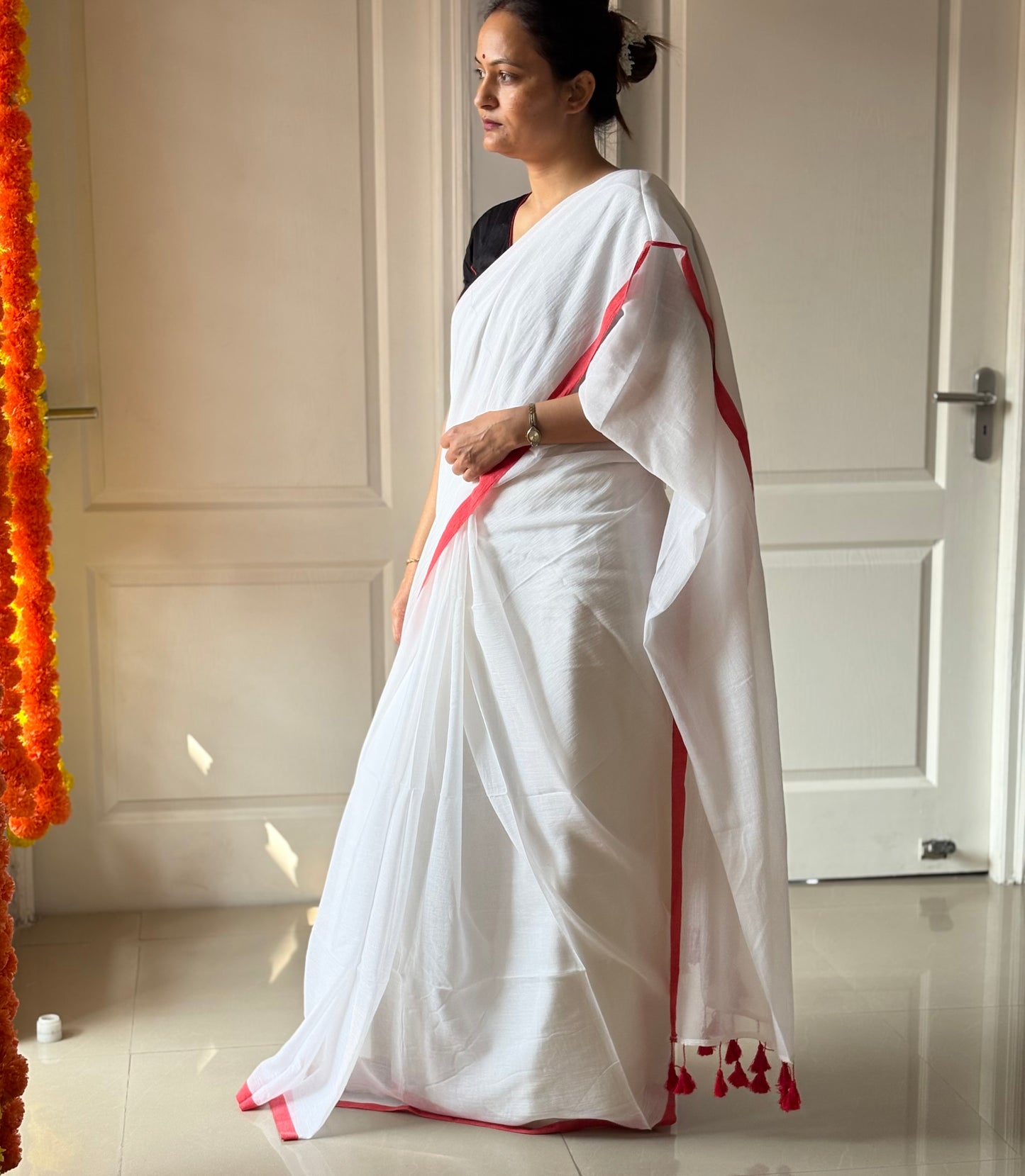 White Plain Mul Cotton Saree 1 - with blouse piece