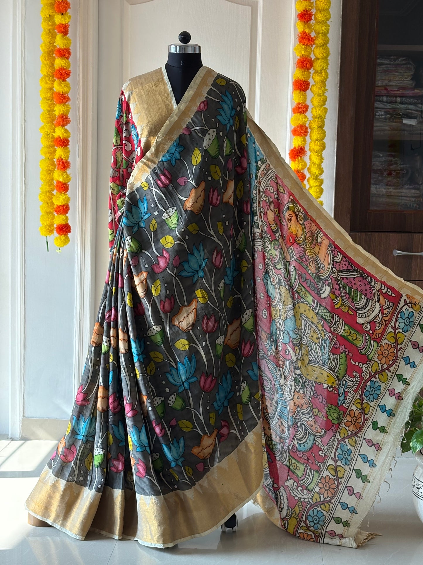 Pen Kalamkari hand painted Banglore Silk Saree with blouse