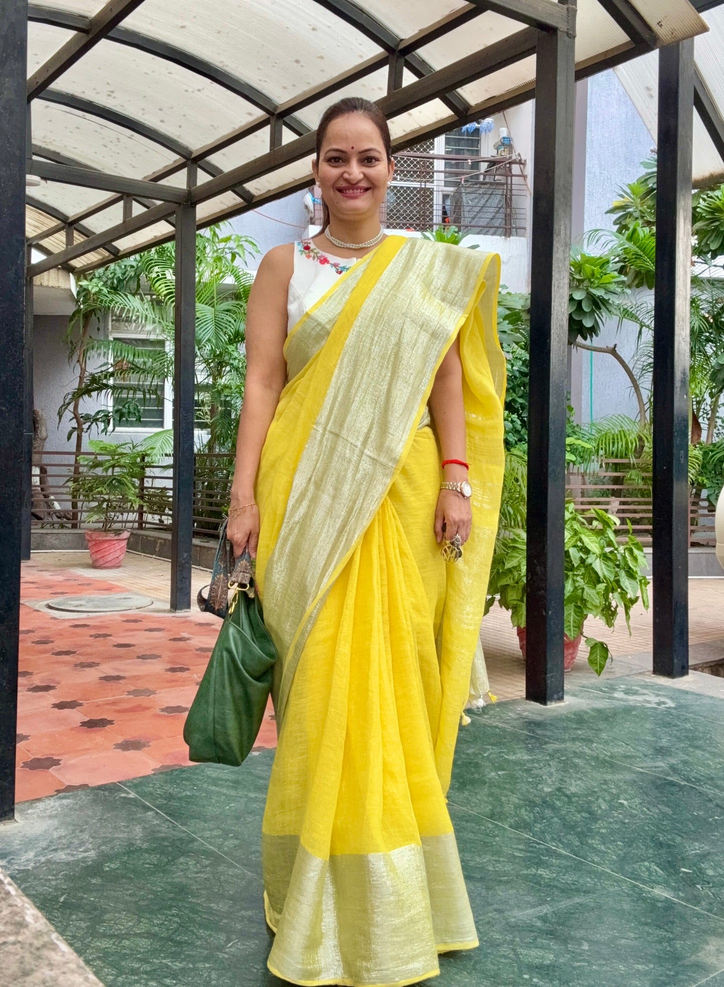 Yellow Silver pure Linen By Linen Saree With running Blouse