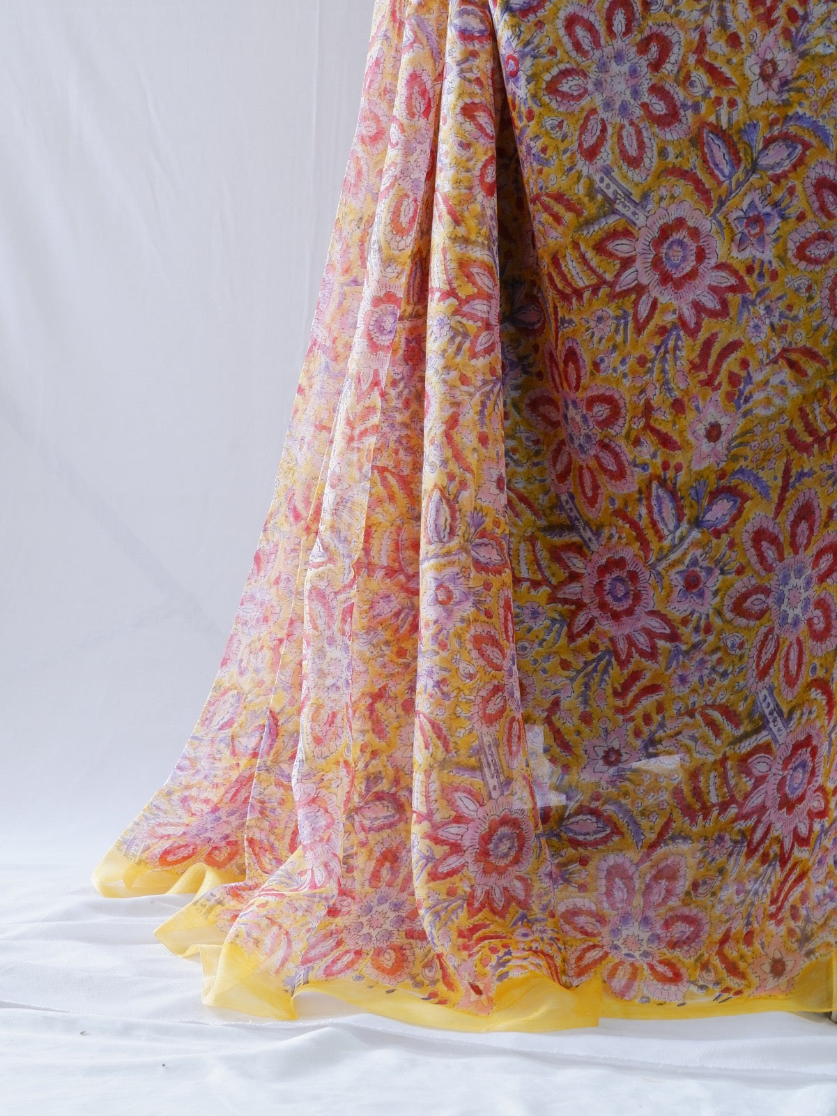 Hand Block Print Saree | Pure Chiffon | Yellow