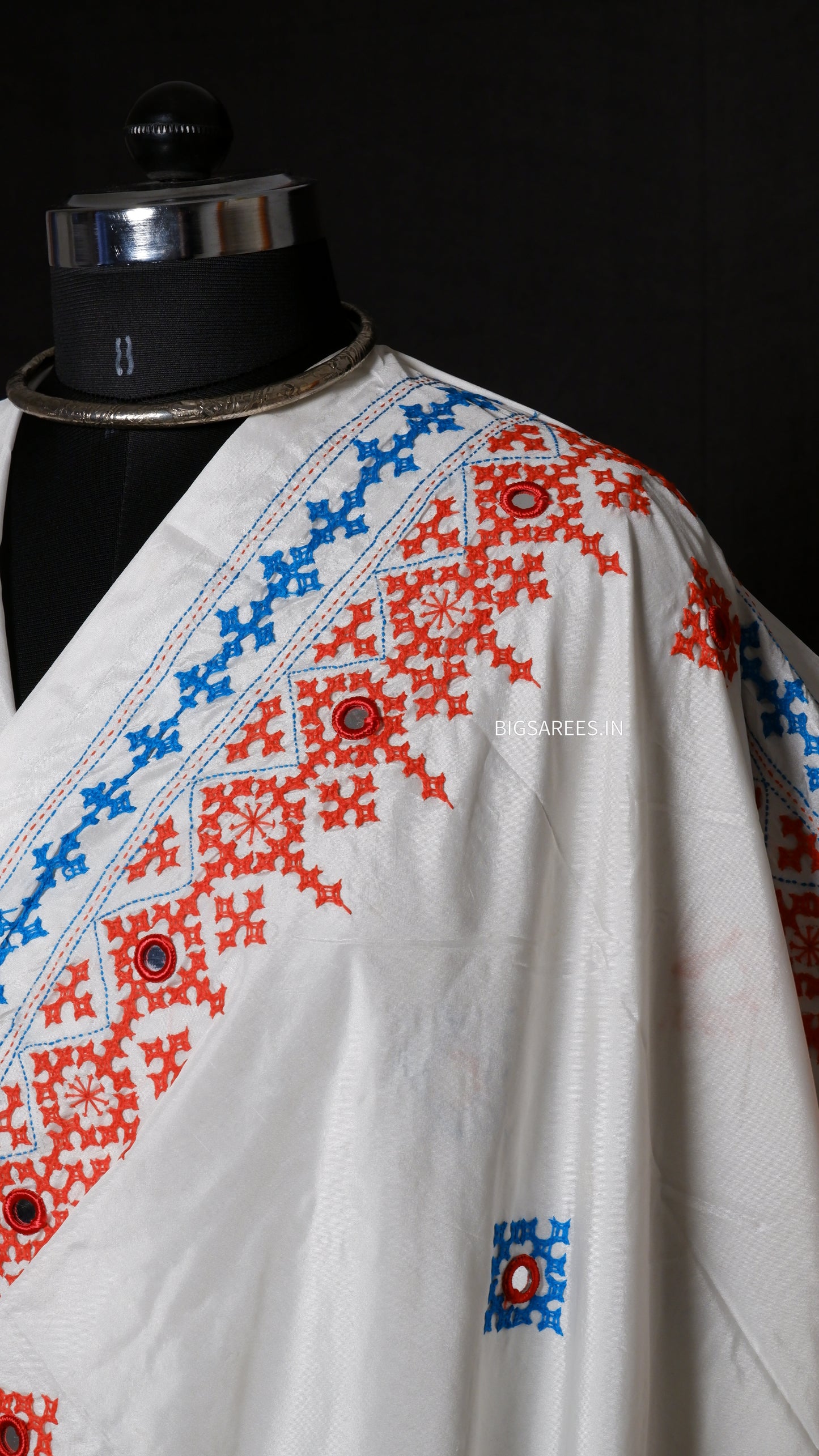 Heavy real mirror work Gujrati Stitch/Kutchi Bharat/Sindhi Hand Embroidered Art Silk Saree with blouse