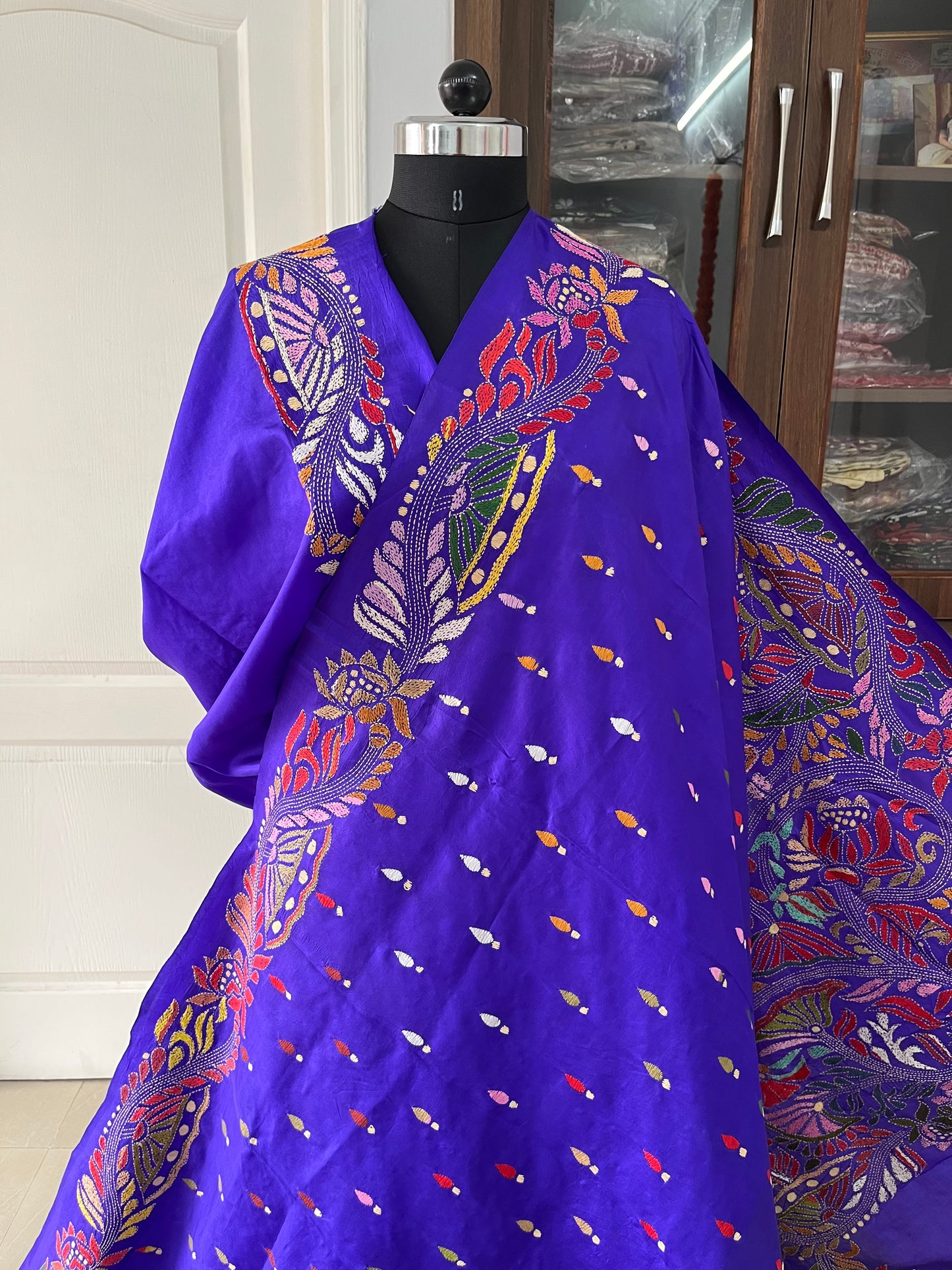 Blue Kantha Stitch Hand Embroidered Pure Banglore Silk Saree