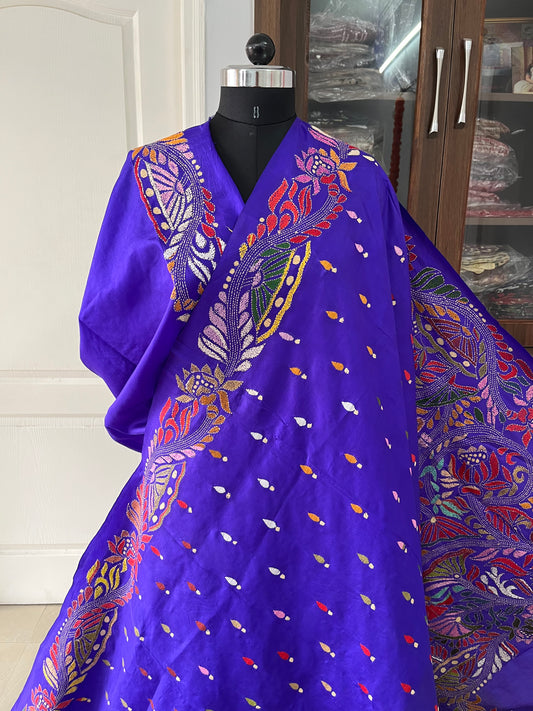 Blue Kantha Stitch Hand Embroidered Pure Banglore Silk Saree