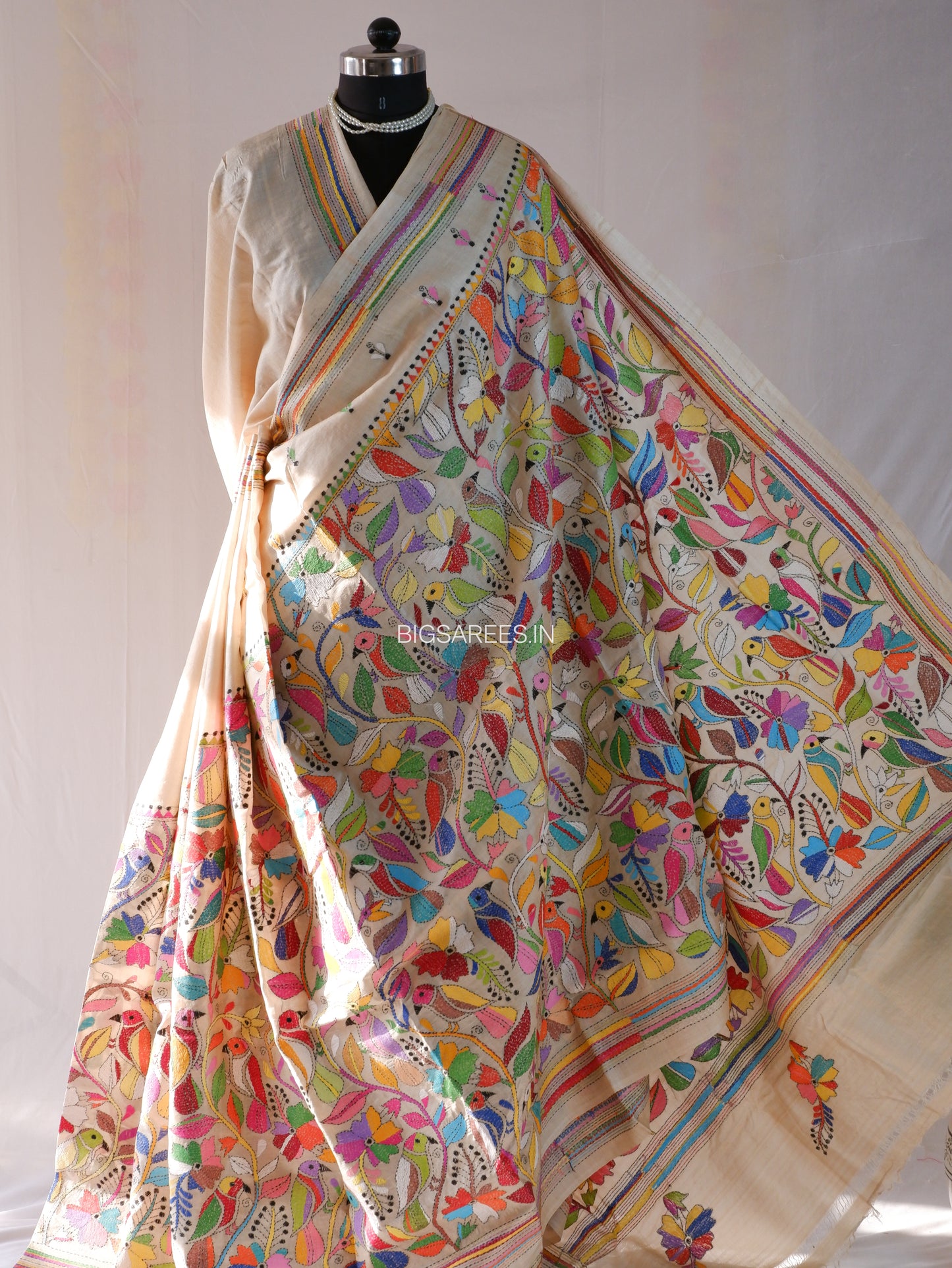 Kantha Stitch Hand Embroidered Saree | Pure Tussar Silk | Silk Mark Certified | Light Beige