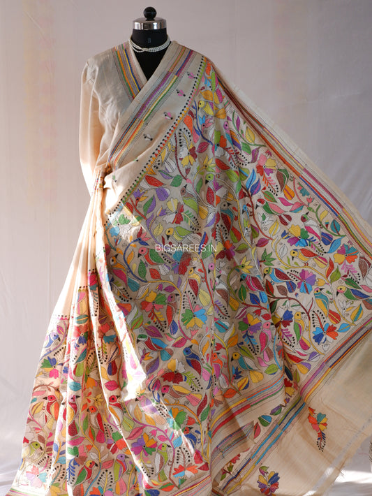 Kantha Stitch Hand Embroidered Saree | Pure Tussar Silk | Silk Mark Certified | Light Beige