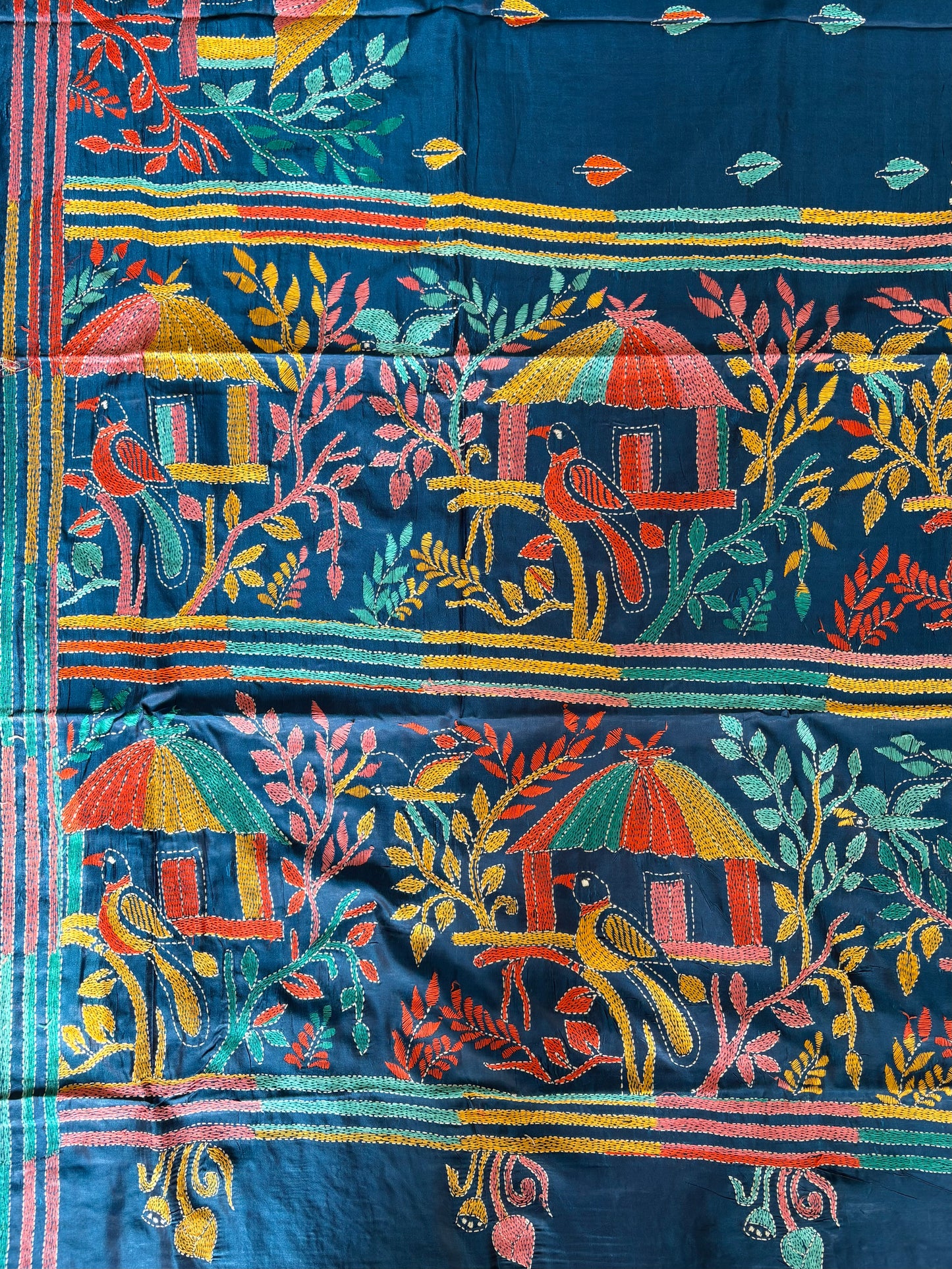 Kantha Stitch Hand Embroidered Art Silk Saree With Blouse