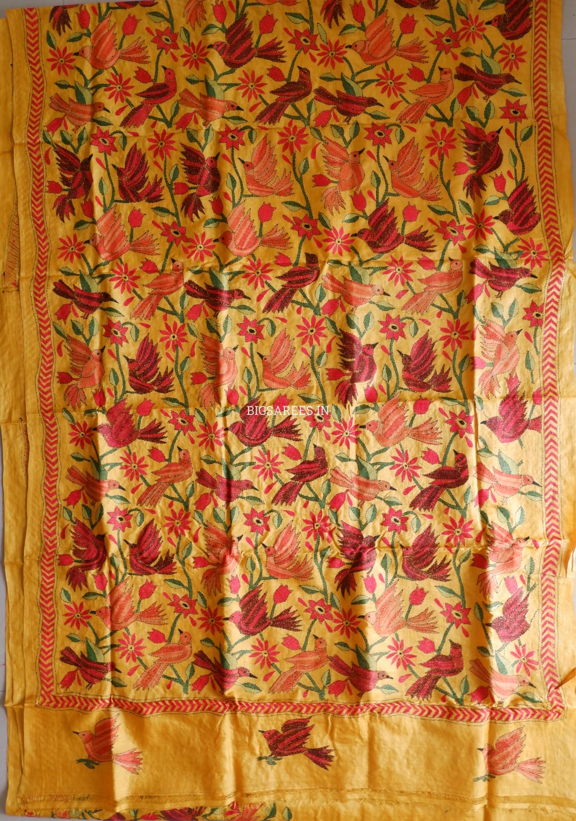 Kantha Stitch Hand Embroidered Saree | Pure Tussar Silk | Silk Mark Certified | Orange