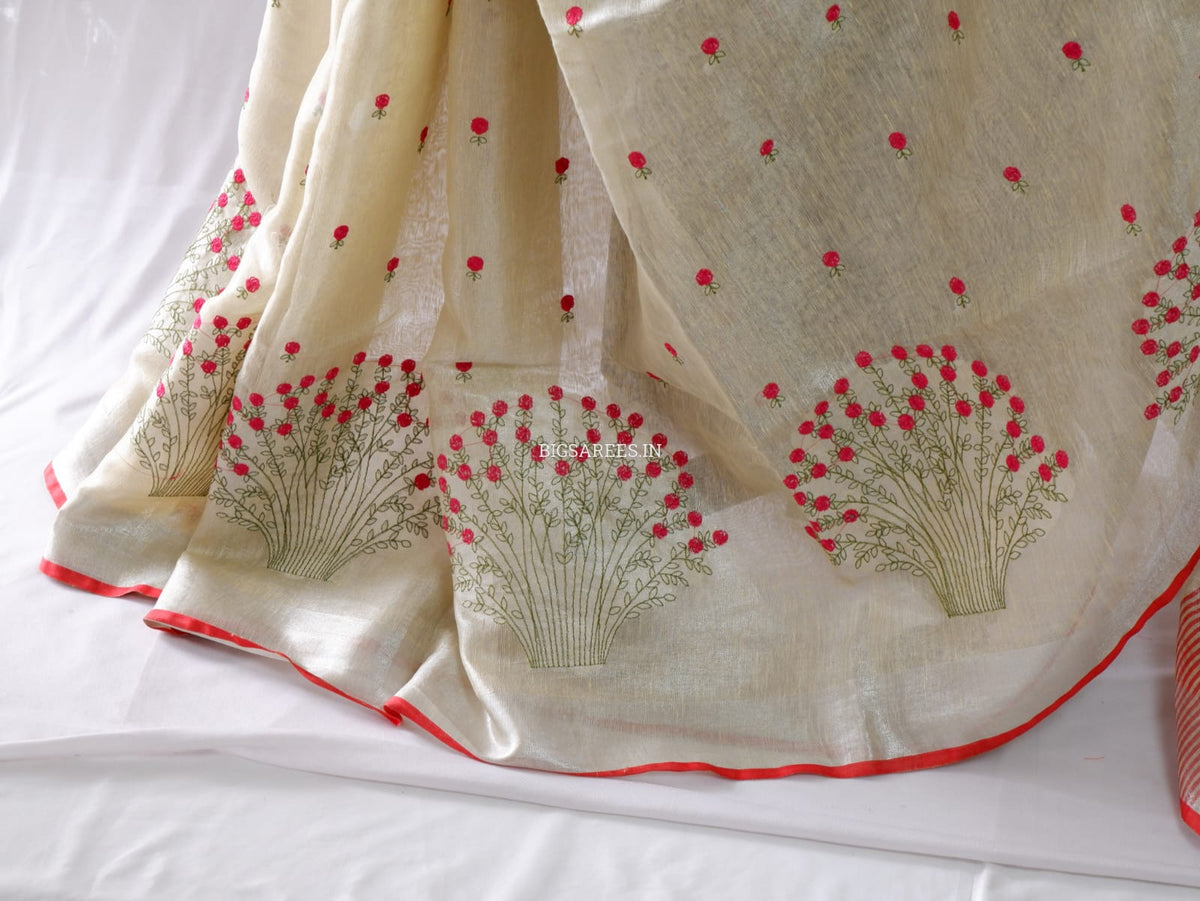 Tissue Linen Blend machine embroidered Saree | Pearl Cream