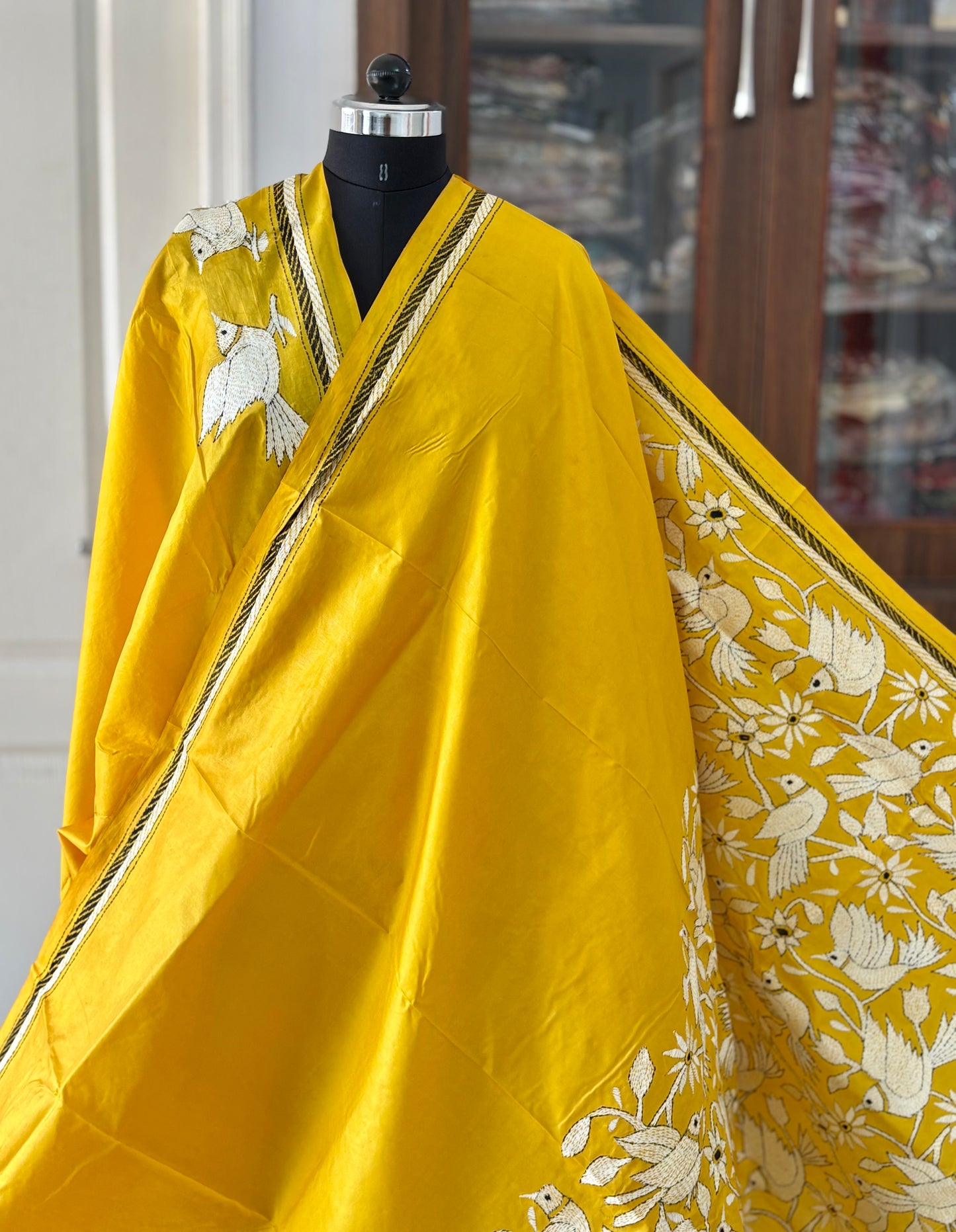 Kantha Stitch Hand Embroidered Pure Banglore Silk Saree (Silk Marked)
